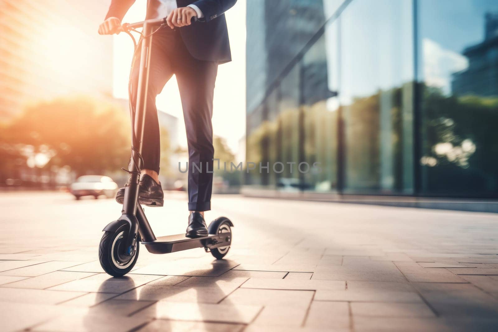 Faceless businessman riding electric scooter in a city. Generative AI.