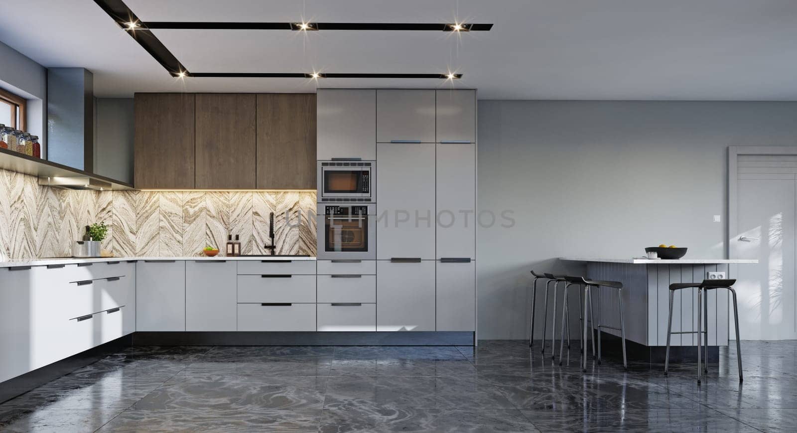 3d Illustration of white modern kitchen in a house with a beautiful design