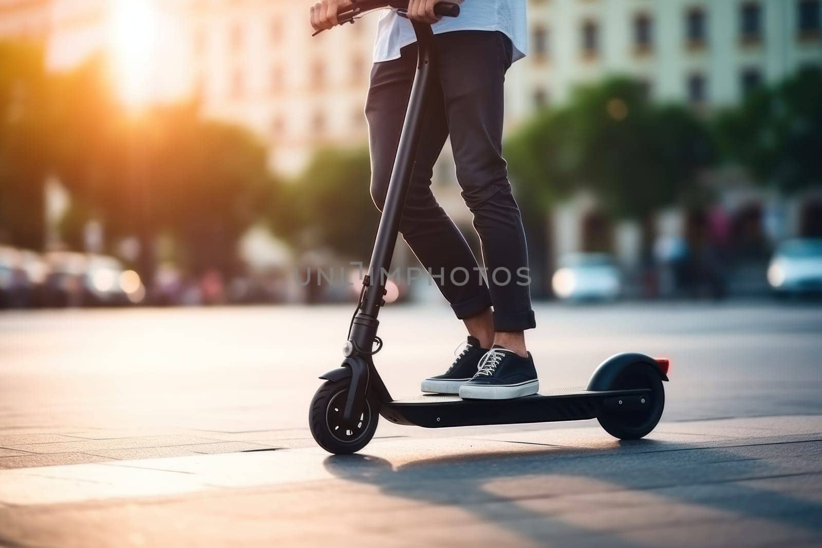 Faceless businessman riding electric scooter in a city. Generative AI by matamnad