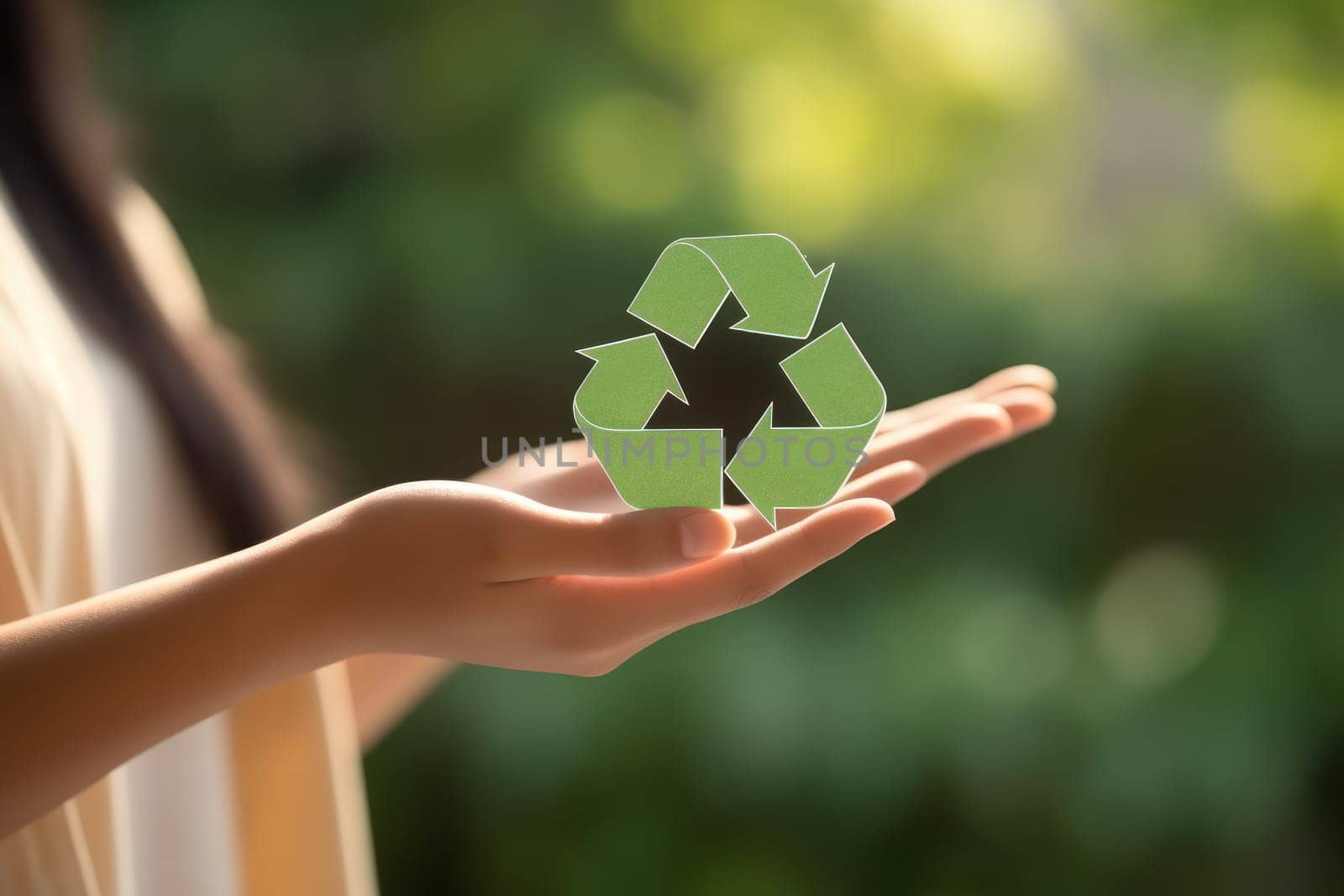 Recycle symbol on hand and bag, sustainable and eco environment concept. Generative AI.