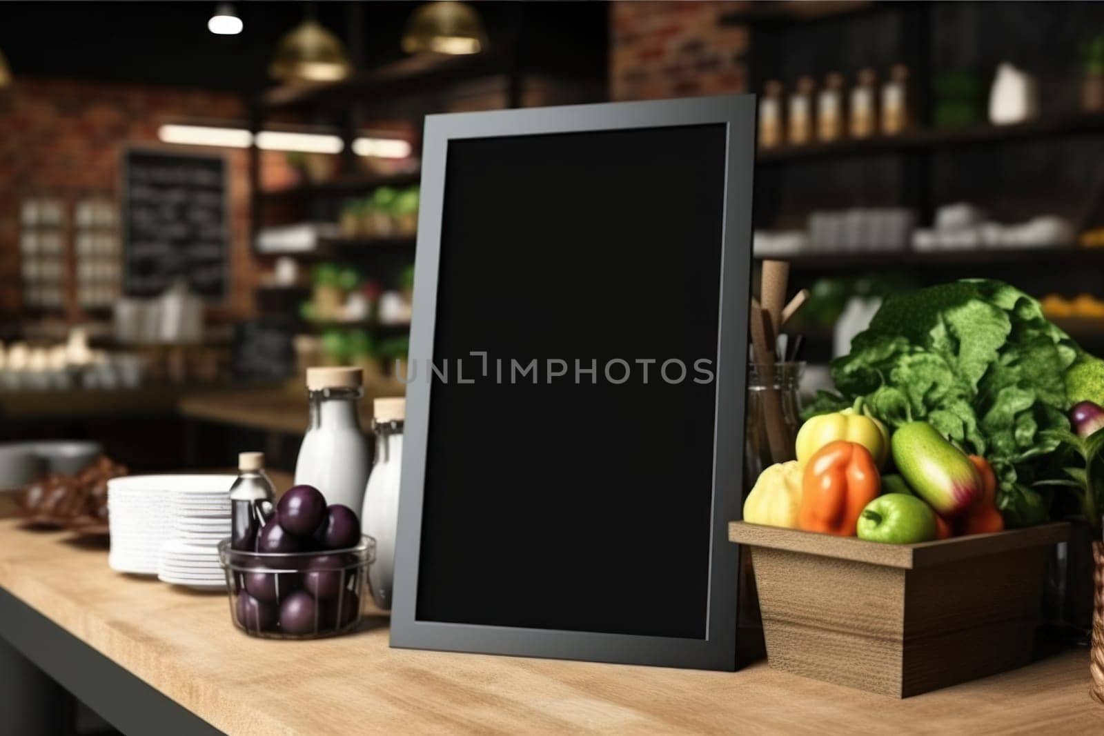 Empty blackboard sign mockup in front of a restaurant. Generative Ai by matamnad
