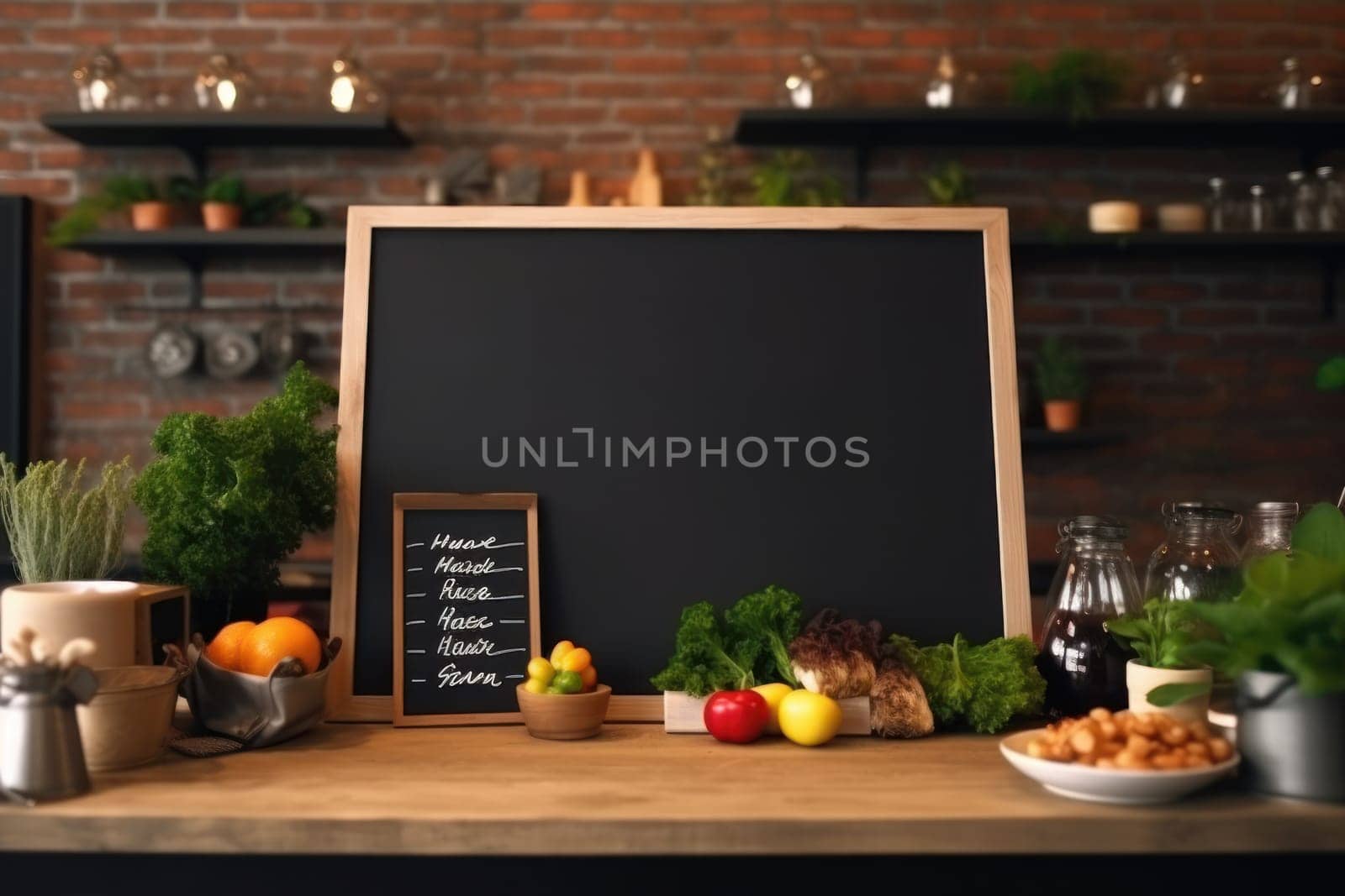 Empty blackboard sign mockup in front of a restaurant. Generative Ai by matamnad