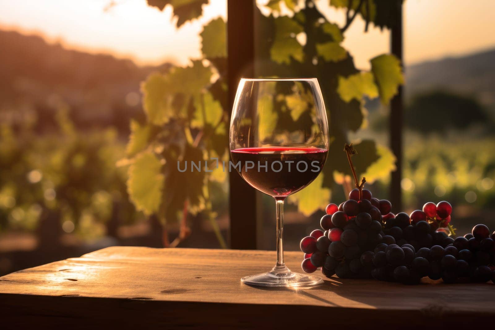 Wine Glass with View of Vineyard at Evening Sunset Photo Wallpaper Generative AI.