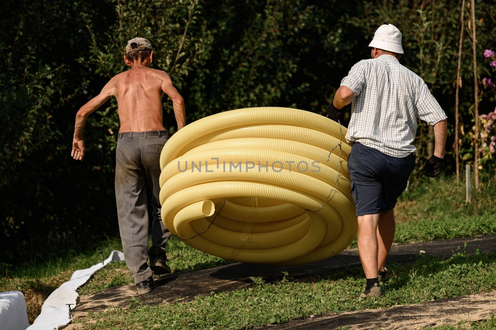 Workers carry a roll of yellow drainage pipe in their hands. Preparation for drainage works. by Niko_Cingaryuk