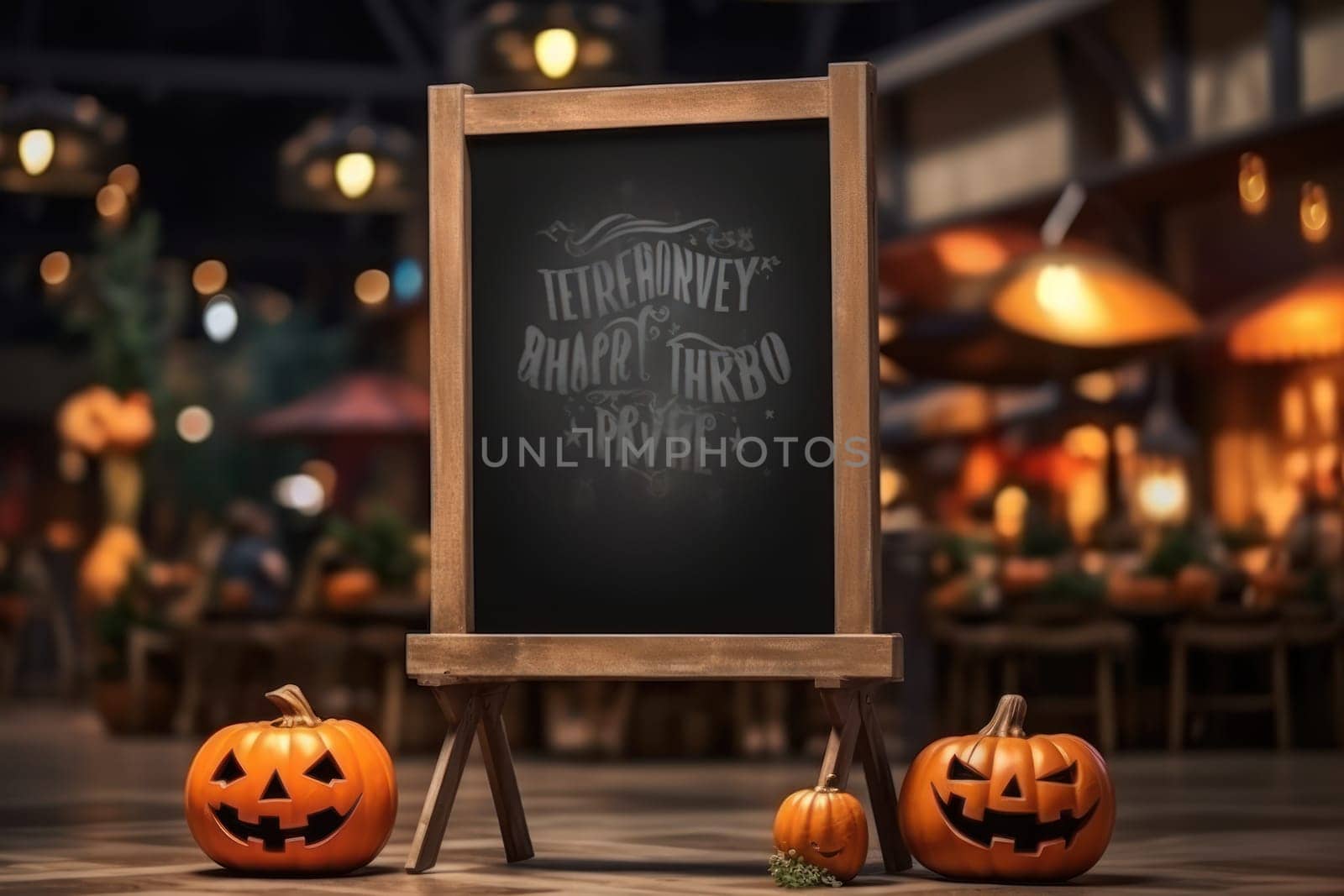 Empty blackboard sign Halloween mockup in front of a restaurant , Menu board .Generative Ai by matamnad
