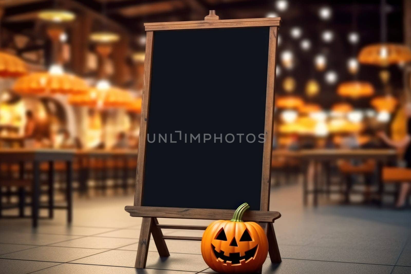 Empty blackboard sign Halloween mockup in front of a restaurant , Menu board .Generative Ai by matamnad