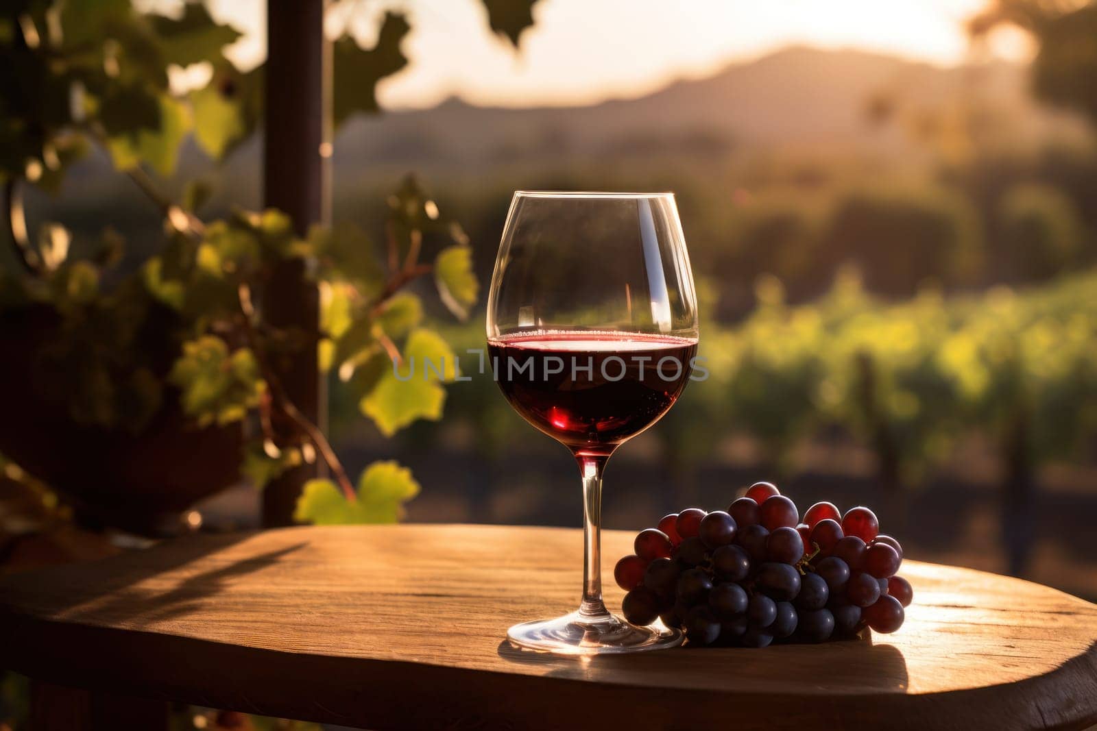 Wine Glass with View of Vineyard at Evening Sunset Photo Wallpaper Generative AI.