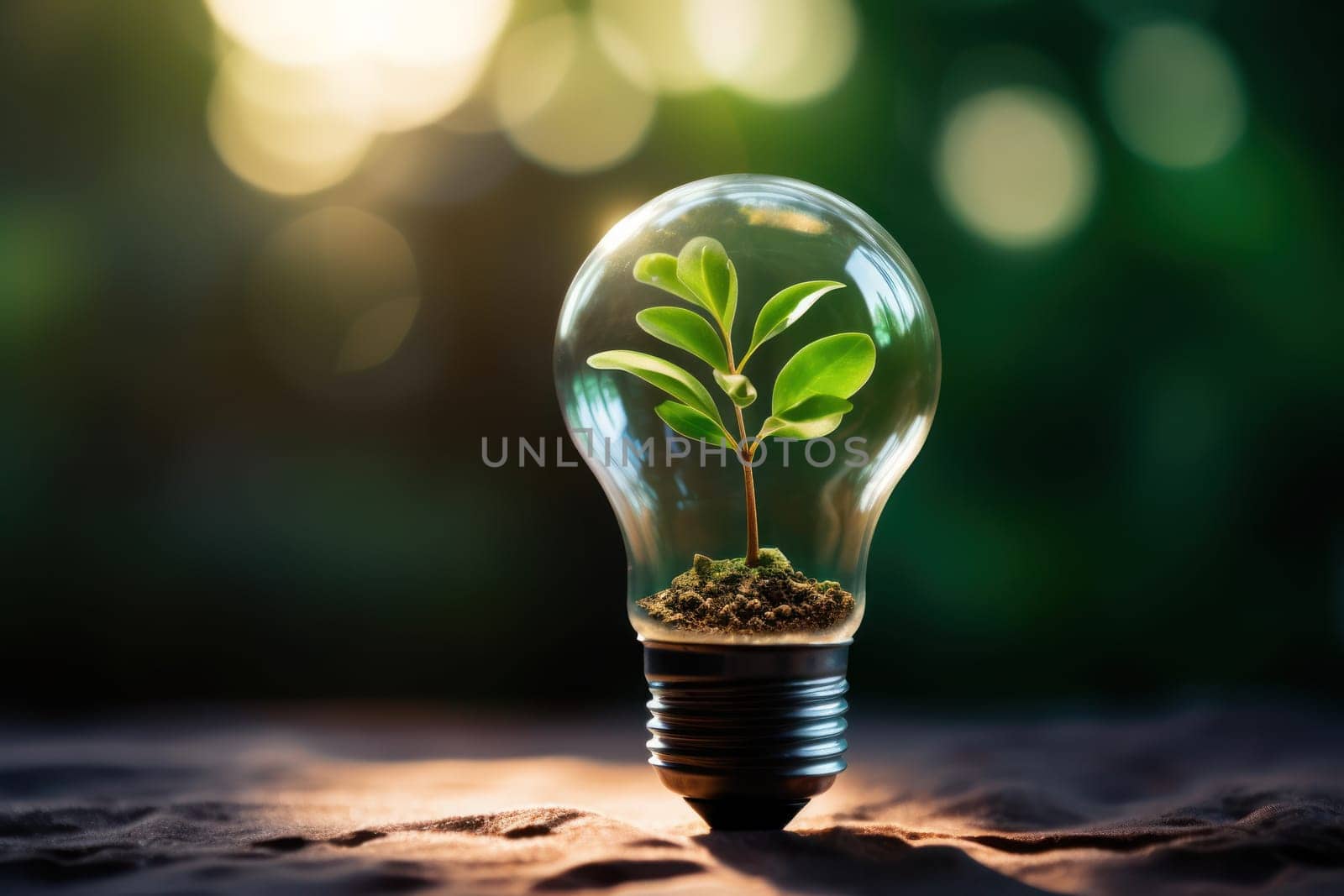 Eco friendly lightbulb with plants green background, Renewable and sustainable energy. Generative AI.