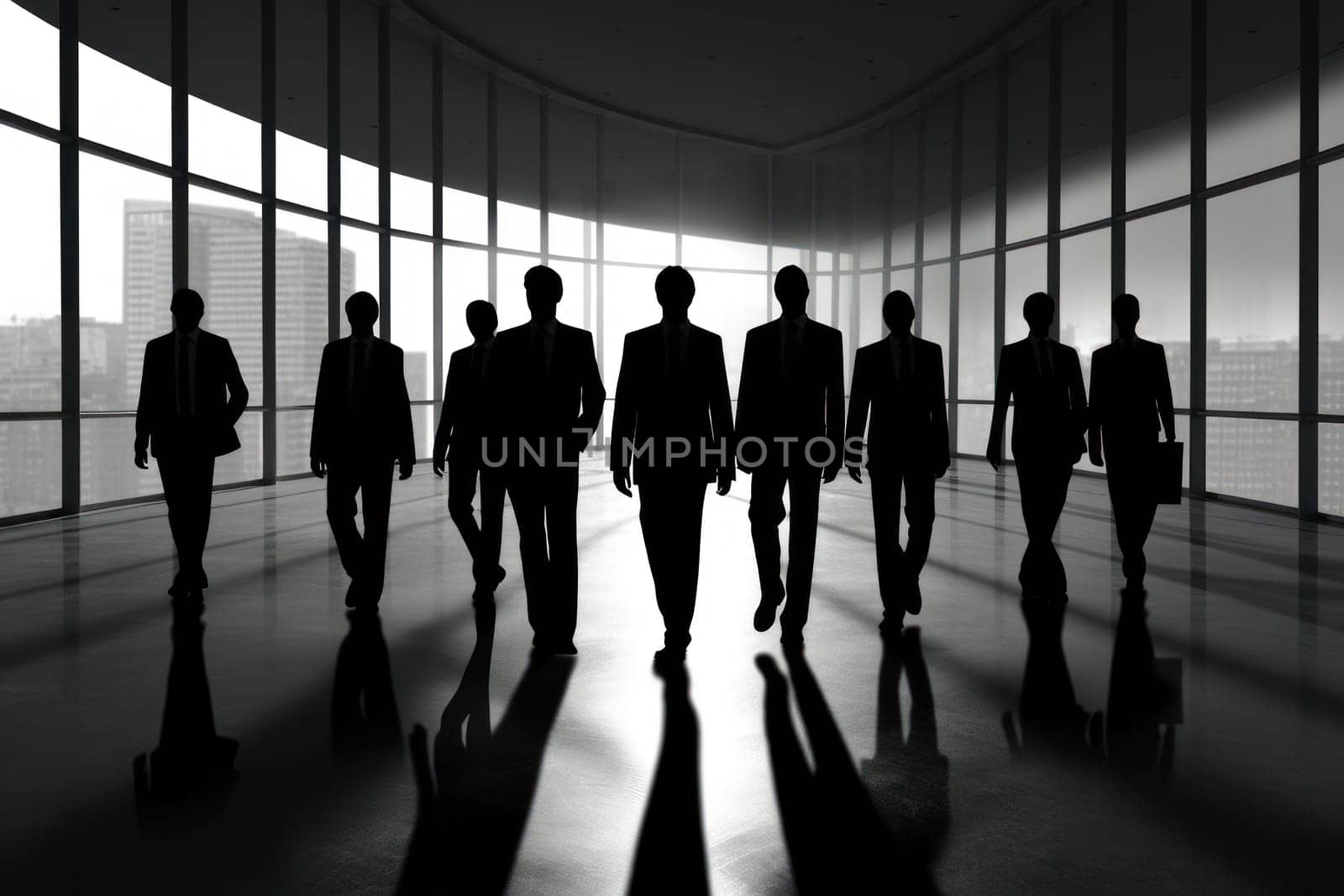 Business people, city and teamwork silhouette for illustration, company .Generative AI by matamnad