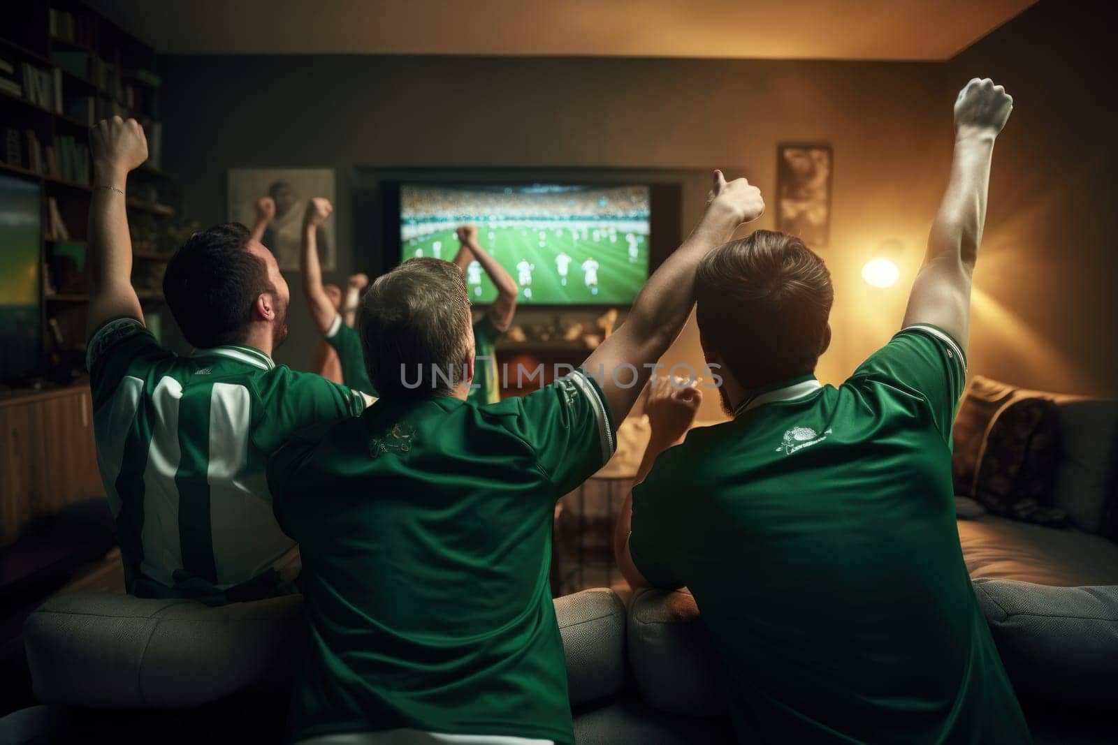 Group of Soccer Fans Cheering Screaming Raising Hands. Generative AI by matamnad