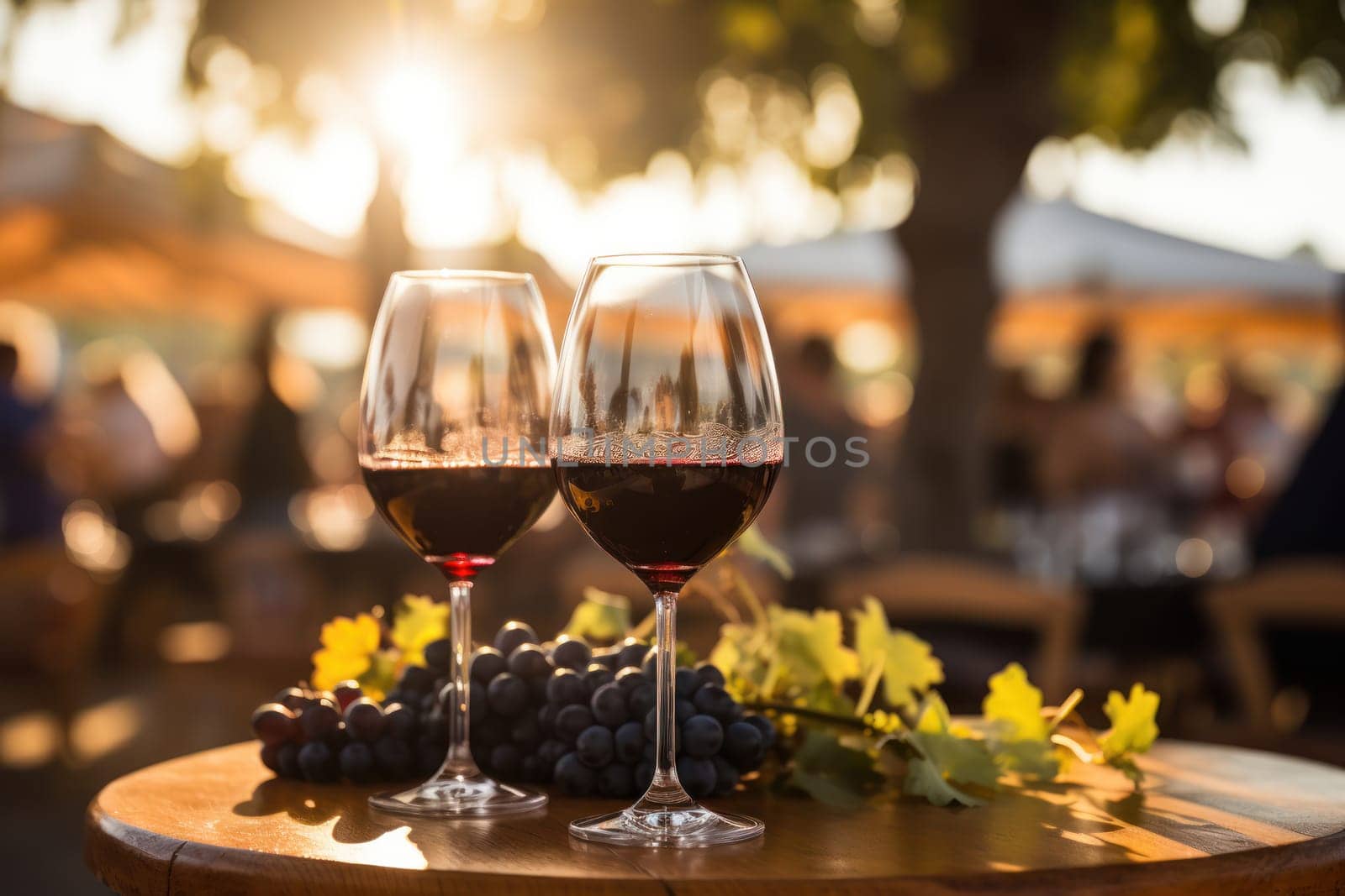 Wine Glass with View of Vineyard at Evening Sunset Photo Wallpaper Generative AI.