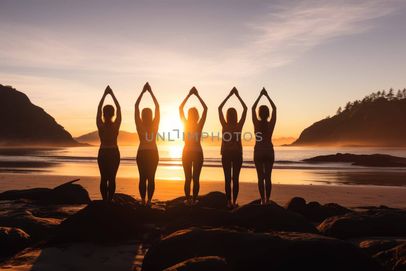 Person practicing yoga on beach during sunset, promoting mental health, self-care, and connection to nature. Generative AI by matamnad