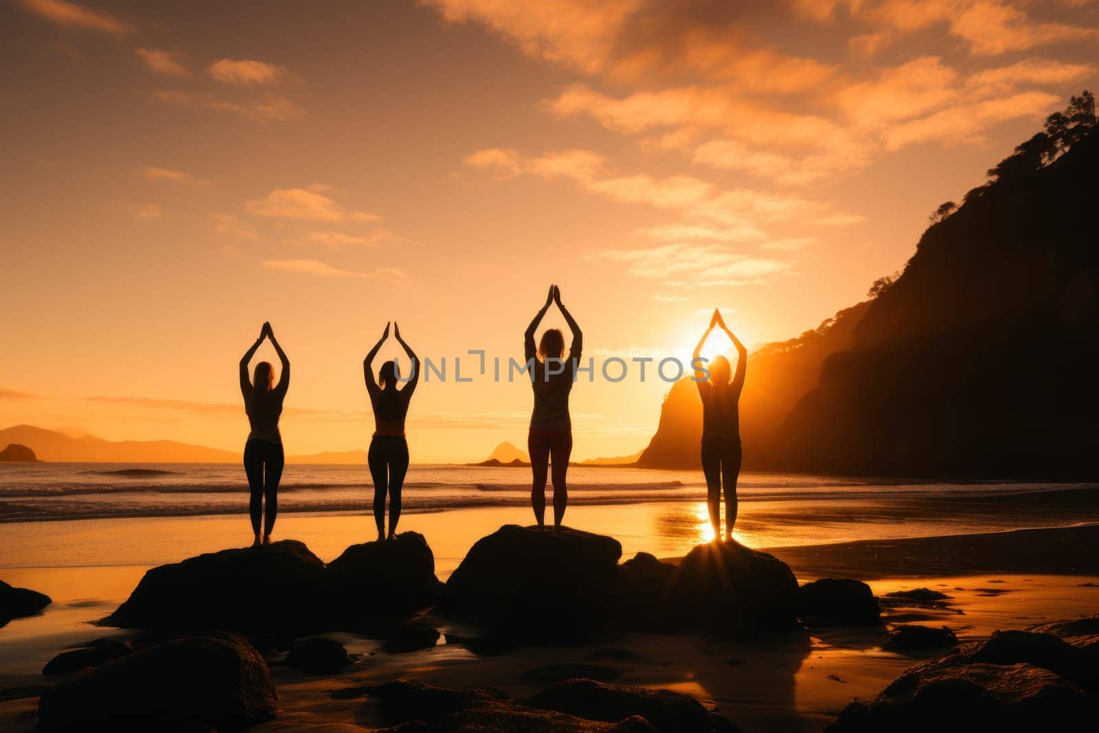 Person practicing yoga on beach during sunset, promoting mental health, self-care, and connection to nature. Generative AI by matamnad