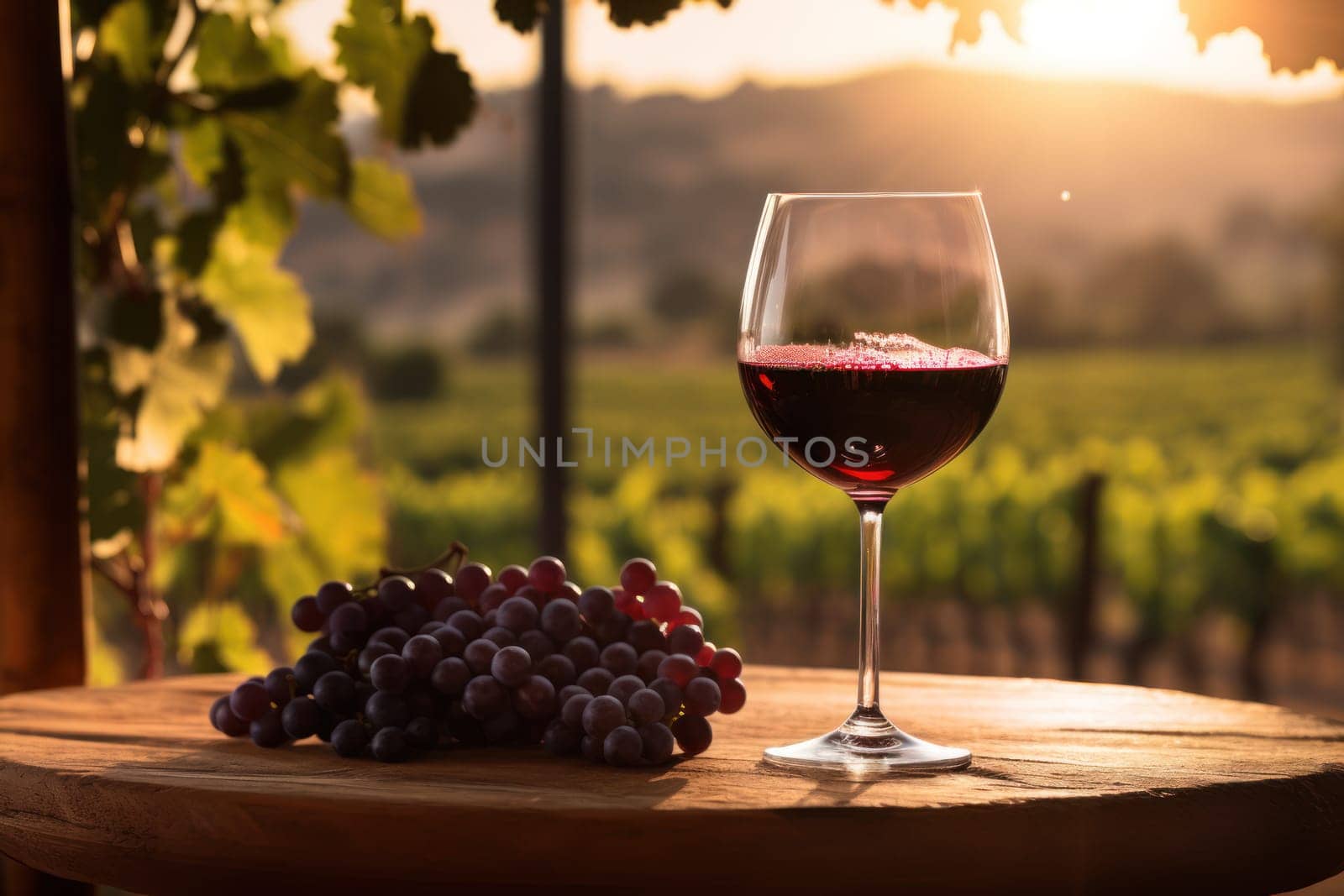 Wine Glass with View of Vineyard at Evening Sunset Photo Wallpaper Generative AI by matamnad