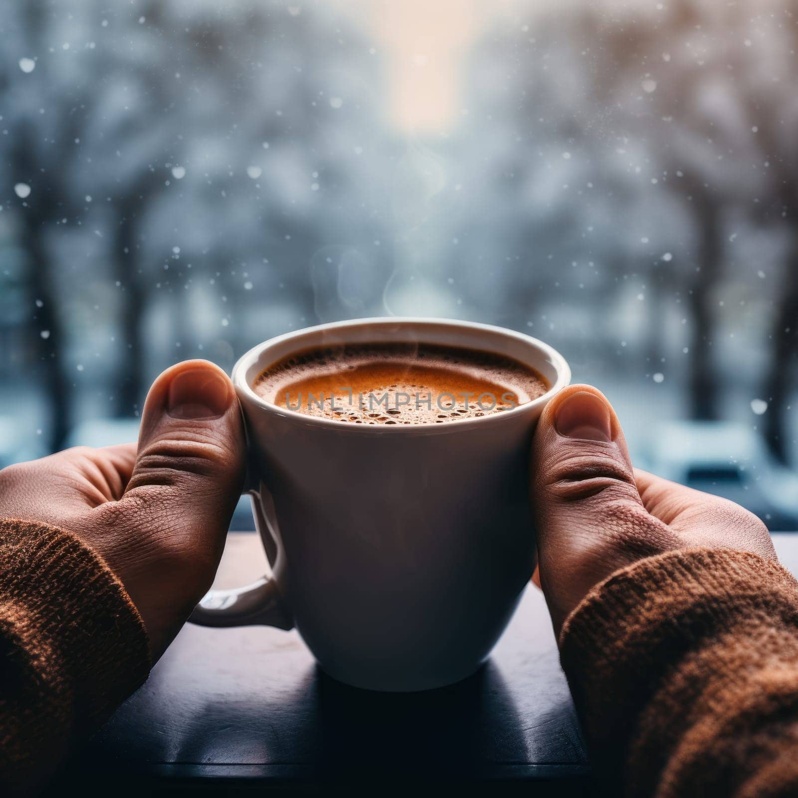 holding cup of Coffee cup in winter . Generative AI by matamnad