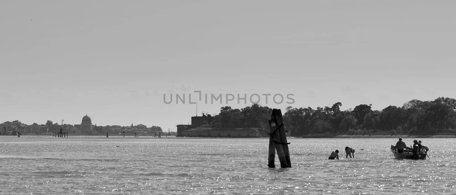 Venice view from laguna water black and white