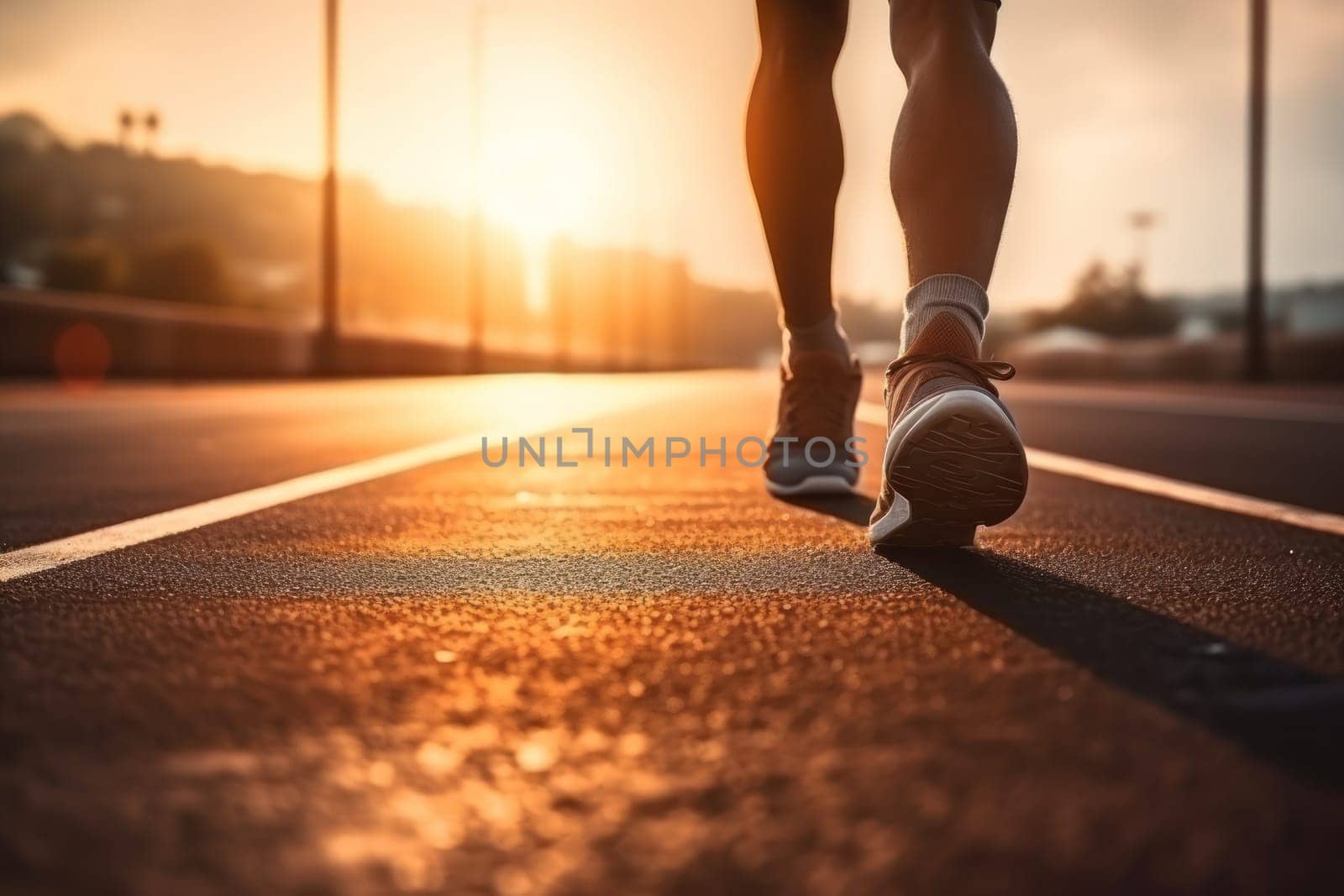 person feet with running shoe on a sport race track, Generative AI.