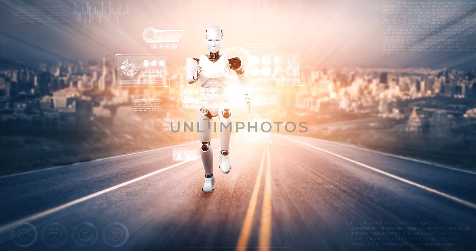 XAI 3d illustration Running robot humanoid showing fast movement and vital energy in concept of future innovation development toward AI brain and artificial intelligence thinking by machine learning. 3D illustration.