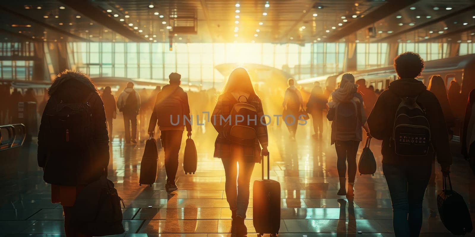 People walking to the airport terminal, Generative AI.