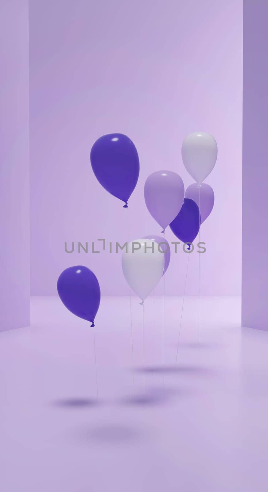 Purple stage for presentation with helium balloons. Stage for product presentation or celebration. 3D rendering. by ImagesRouges
