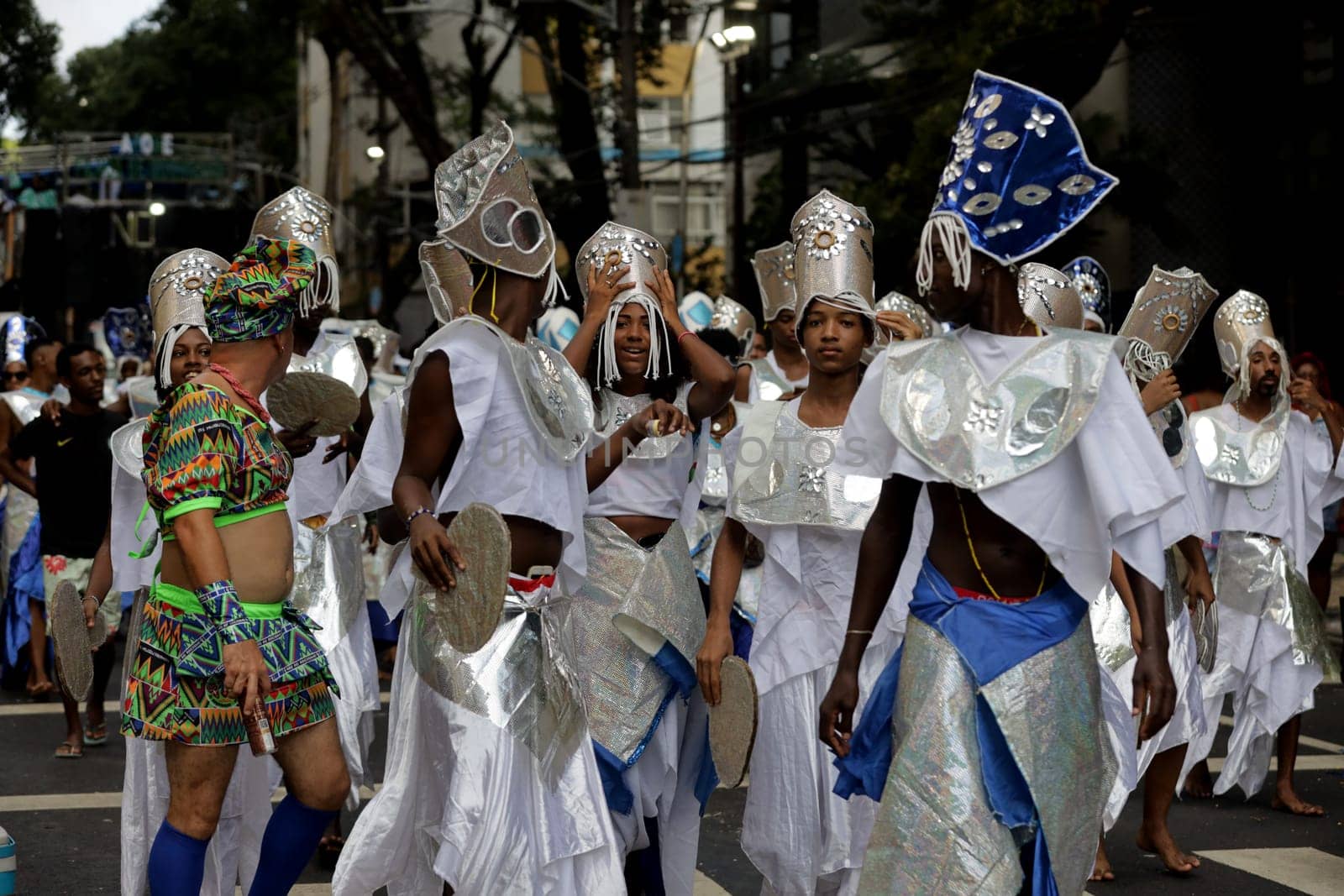 salvador, bahia, brazil - february 10, 2024: members of the Afoxer Filhos do Korin Ofano block seen during the caranval in the city of Salvador.