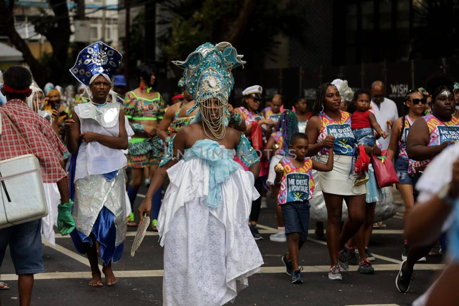 salvador, bahia, brazil - february 10, 2024: members of the Afoxer Filhos do Korin Ofano block seen during the caranval in the city of Salvador.