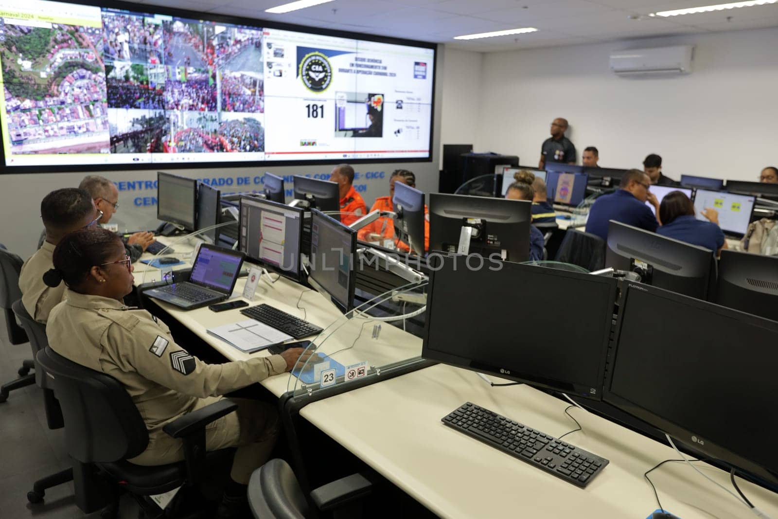 salvador, bahia, brazil - february 12, 2024: Security forces professionals working at the integrated control and command center in the city of Salvador