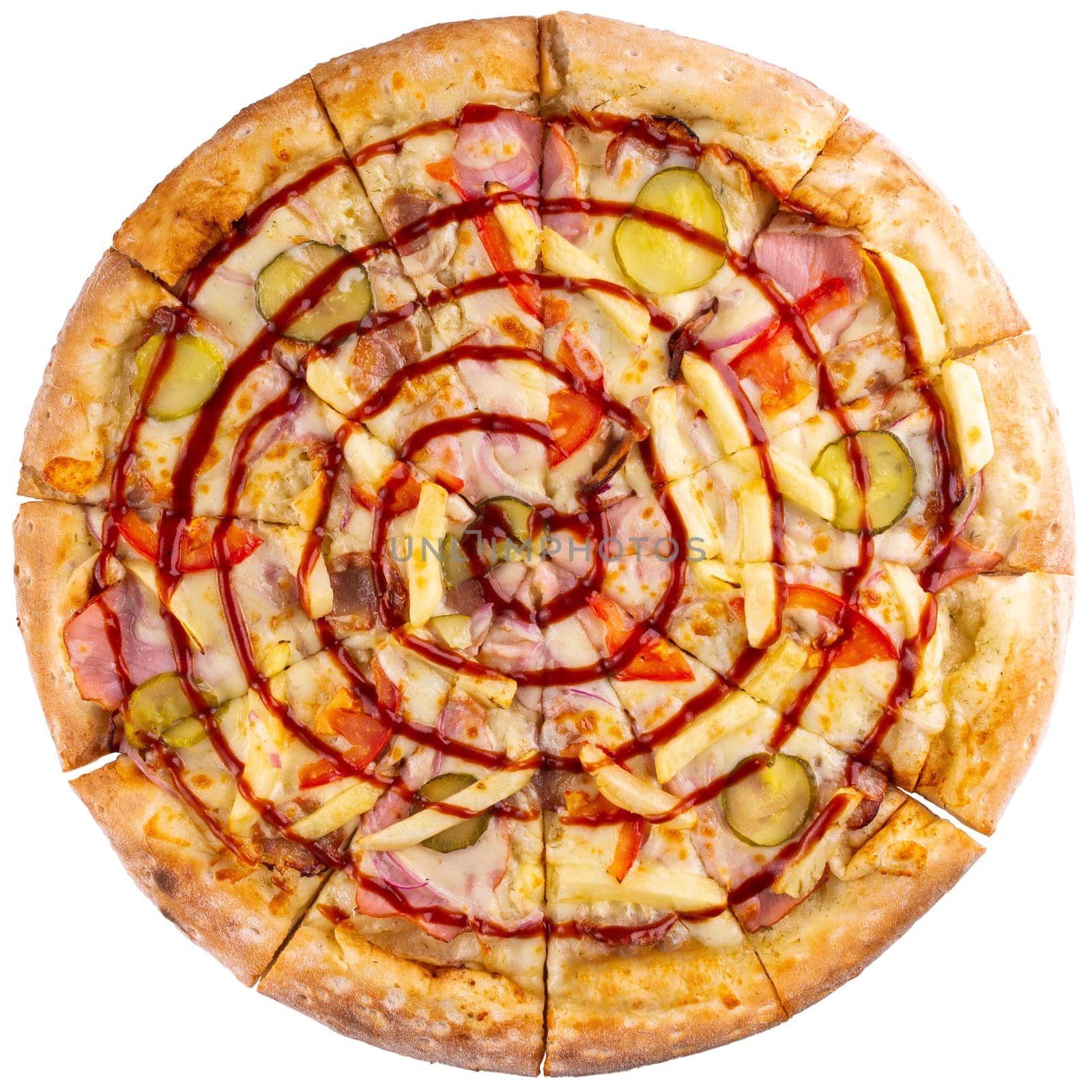 Top view on italian pizza with fries, bacon and pickled cucumbers isolated on white background. Delicious hot classic pizza. Top view.