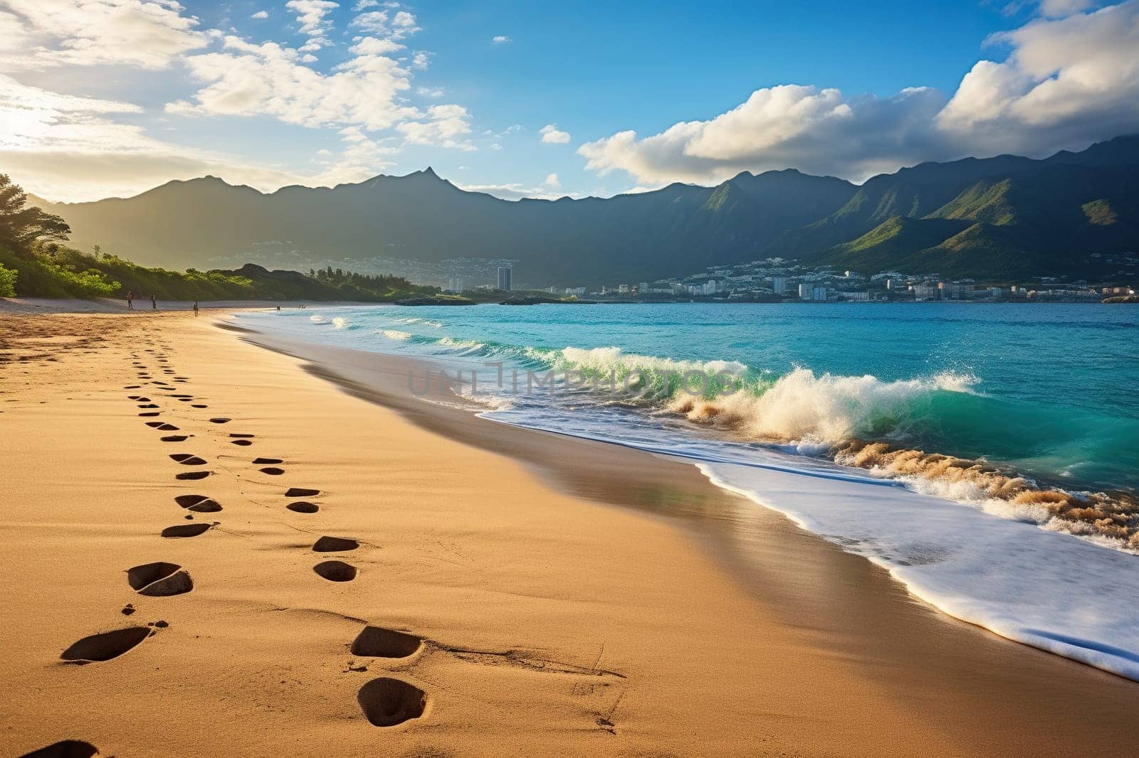 Footprints in the sand along the seashore near the mountains. Vacation concept. Generated by artificial intelligence by Vovmar