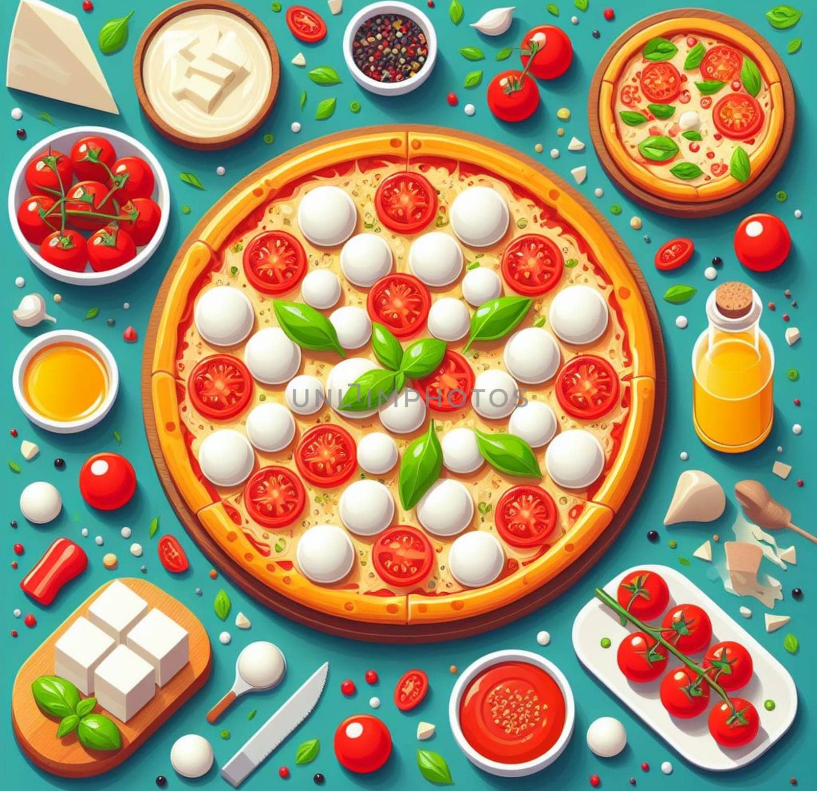 lay flat melted mozzarella cheese tomato and basil pizza ready to eat illustration by verbano