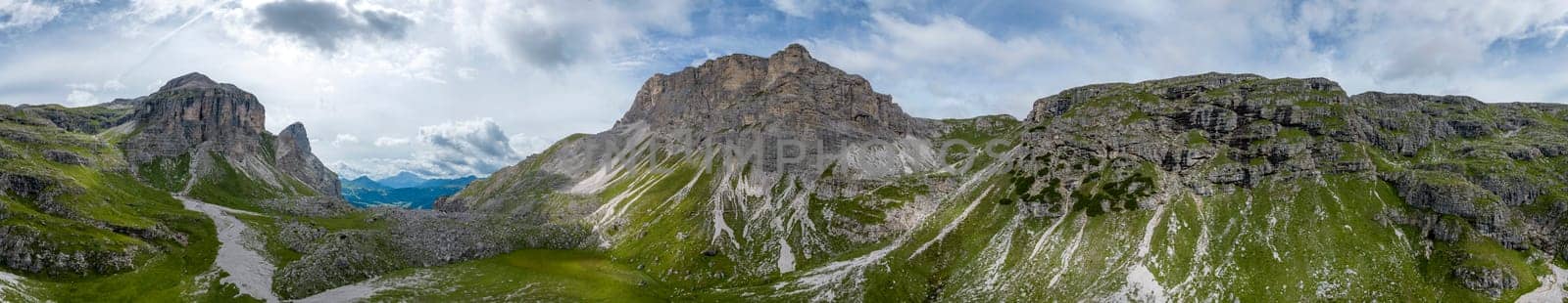 Puez pass Aerial view of Dolomites Alps near Alta Badia, Trentino-Alto-Adige region, Italy. Summer season.