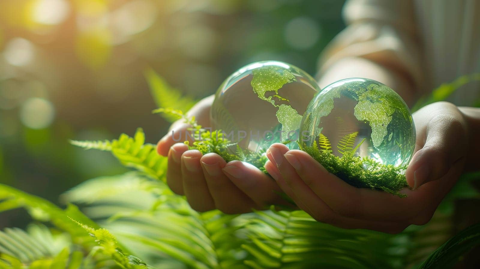 Hands holding Global communication networks with environmental icon on a green background. Concept for sustainable development goals (SDGs).