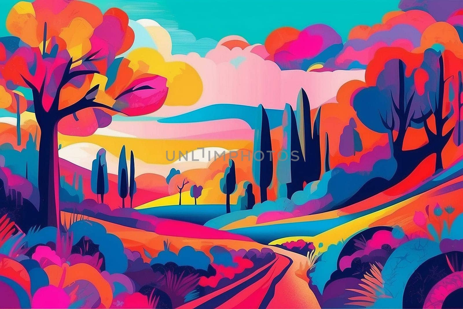 AI generated art deco psychedelic landscape in fauvism style