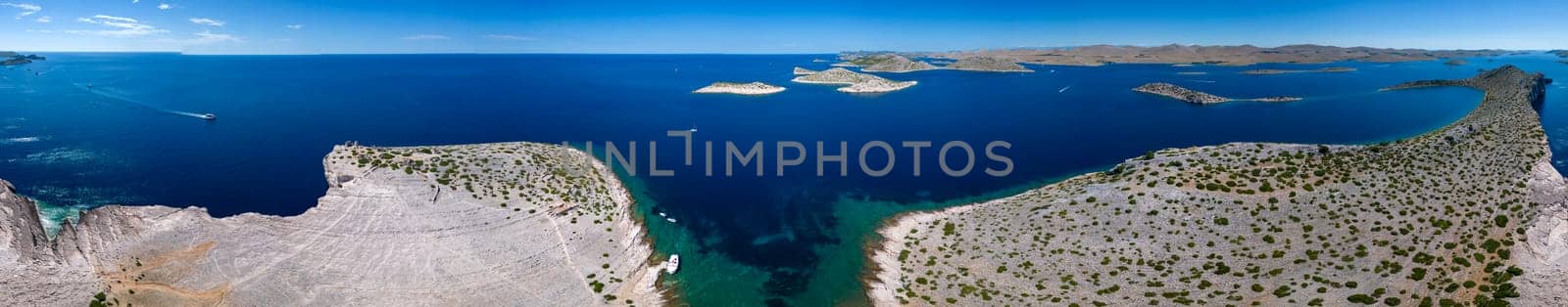 Amazing Kornati Islands national park panoramic aerial view, landscape of Dalmatia Croatia panorama