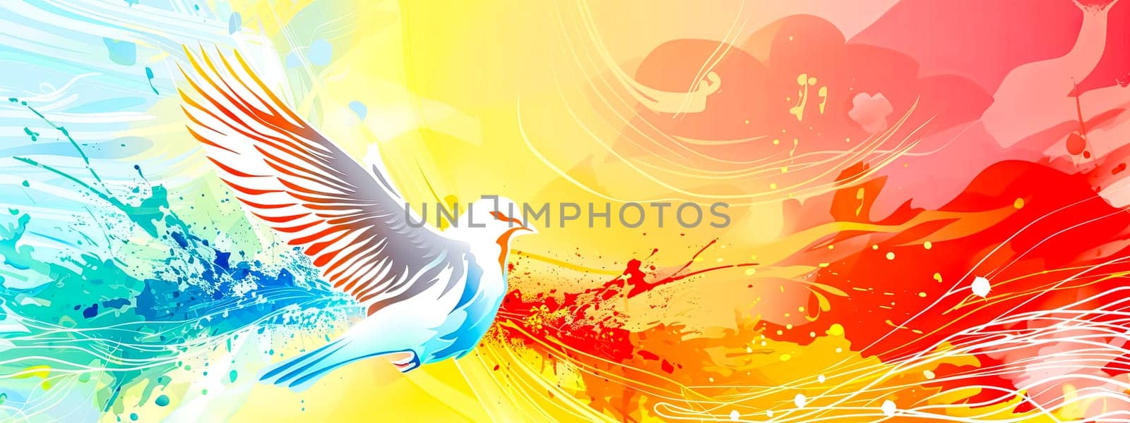 A white dove flies over a vibrant sunset, symbolizing peace and hope, copy space