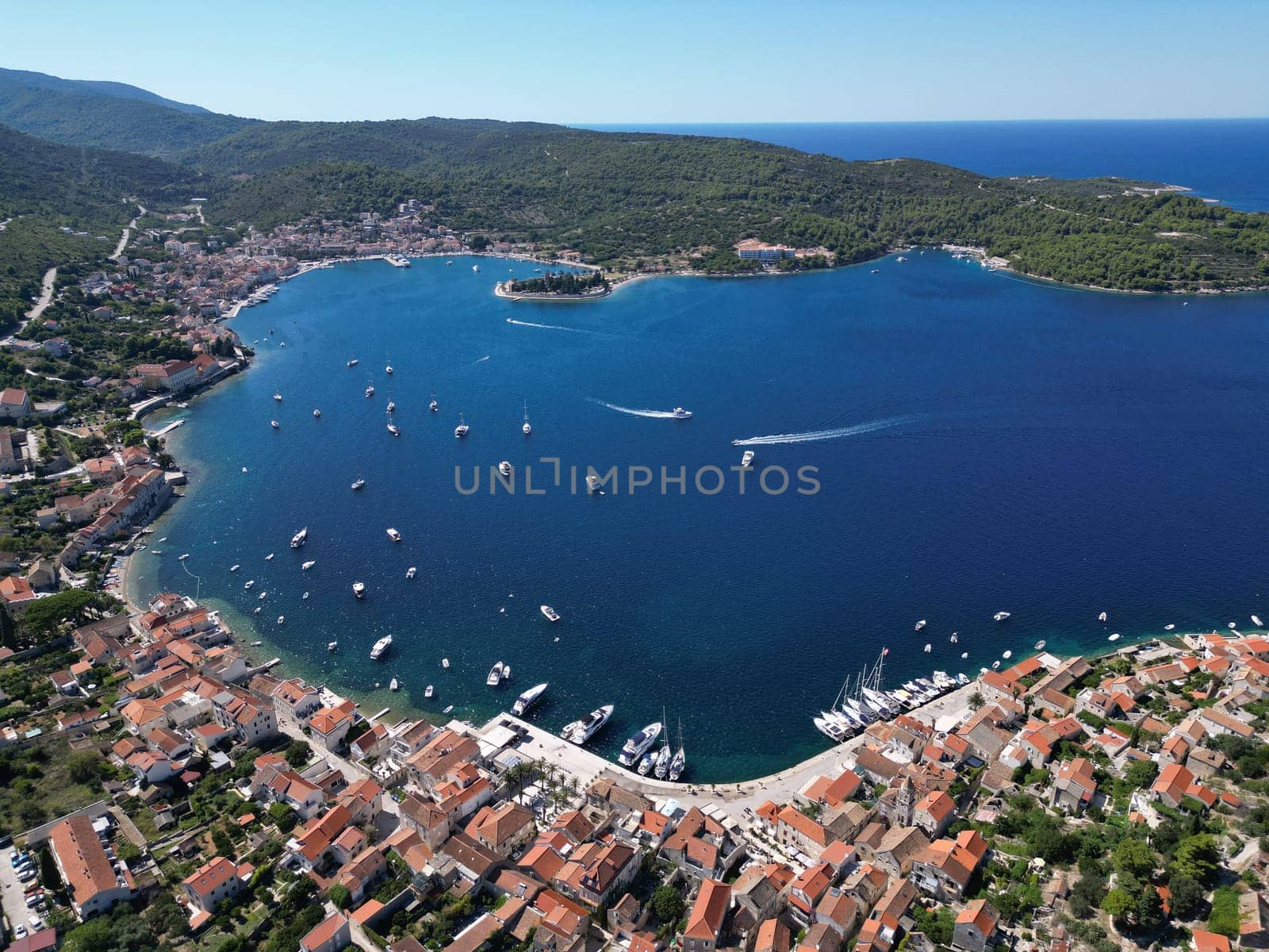 Vis Island, in Italian Lissa, island of Croatia in the Adriatic Sea. It is the outermost major island of the Dalmatian archipelago panoramic aerial view landscape