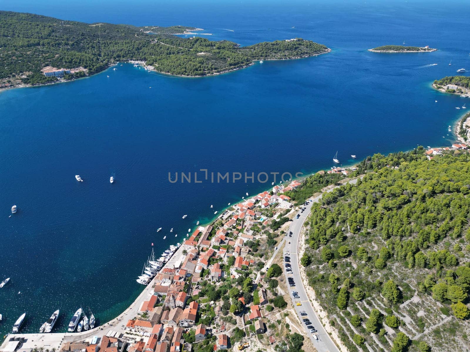 Vis Island, in Italian Lissa, island of Croatia in the Adriatic Sea. It is the outermost major island of the Dalmatian archipelago panoramic aerial view landscape