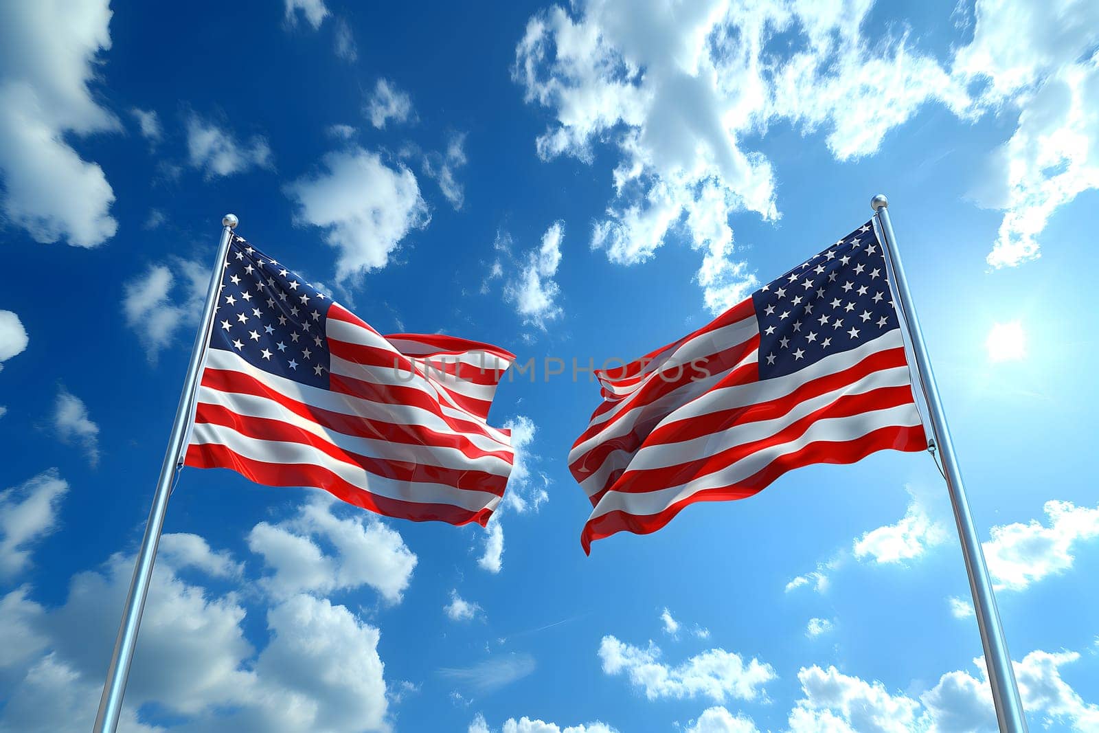 Two United States of America flags on blue sky with white clouds background. Neural network generated in January 2024. Not based on any actual scene or pattern.