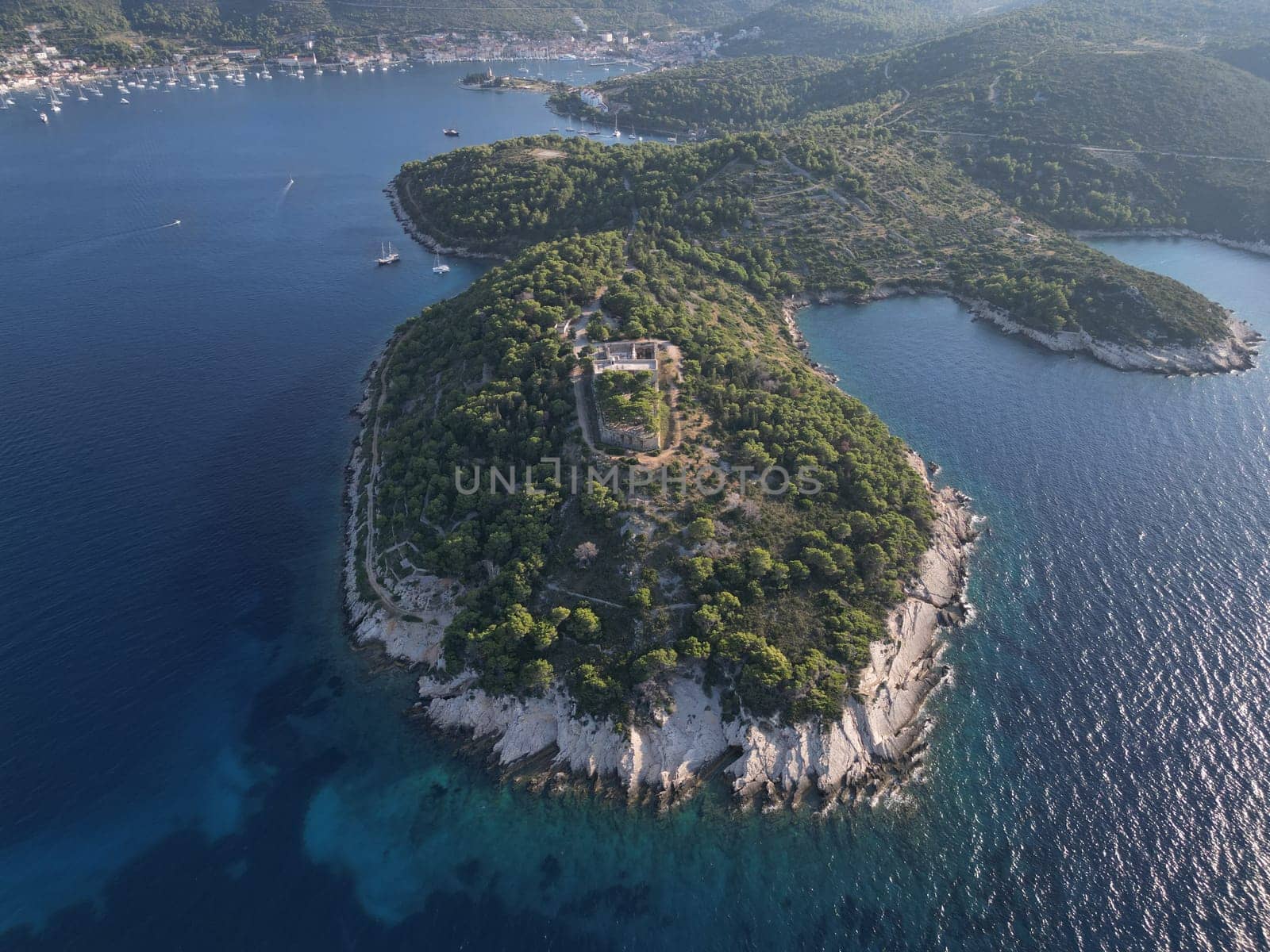 Vis Island, in Italian Lissa, island of Croatia in the Adriatic Sea. It is the outermost major island of the Dalmatian archipelago panoramic aerial view landscape