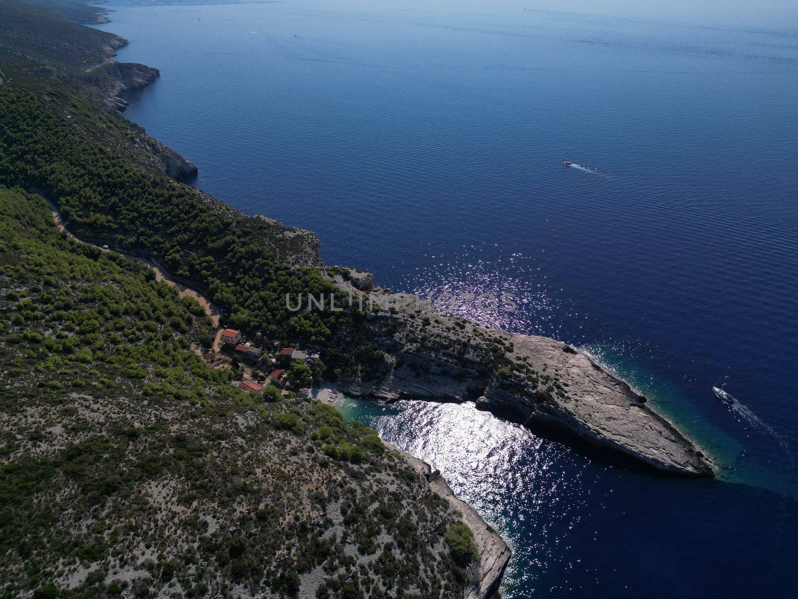 Vis Island, in Italian Lissa, island of Croatia in the Adriatic Sea. It is the outermost major island of the Dalmatian archipelago panoramic aerial view landscape