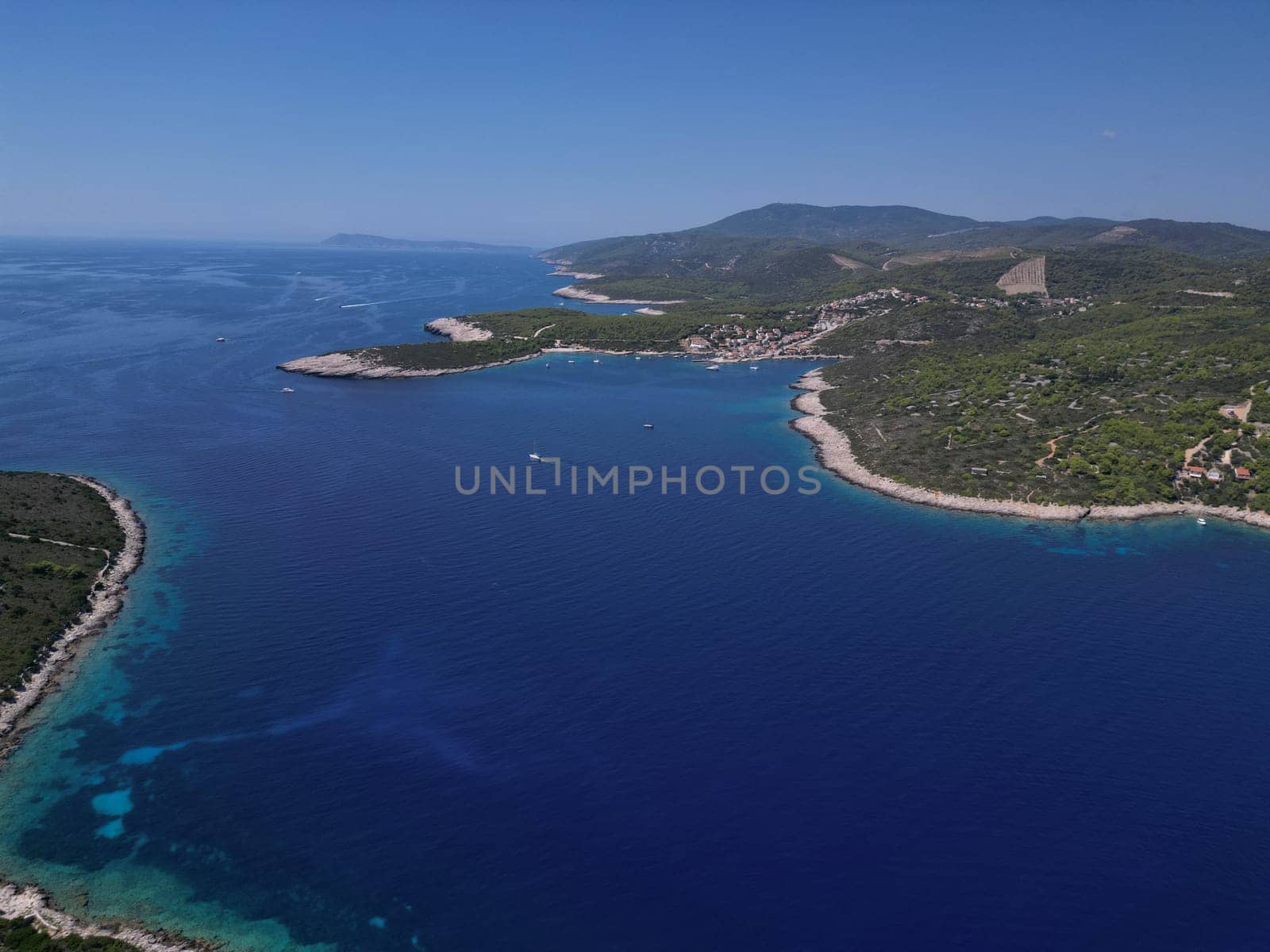 Vis Island, in Italian Lissa, island of Croatia in the Adriatic Sea. It is the outermost major island of the Dalmatian archipelago panoramic aerial view landscape