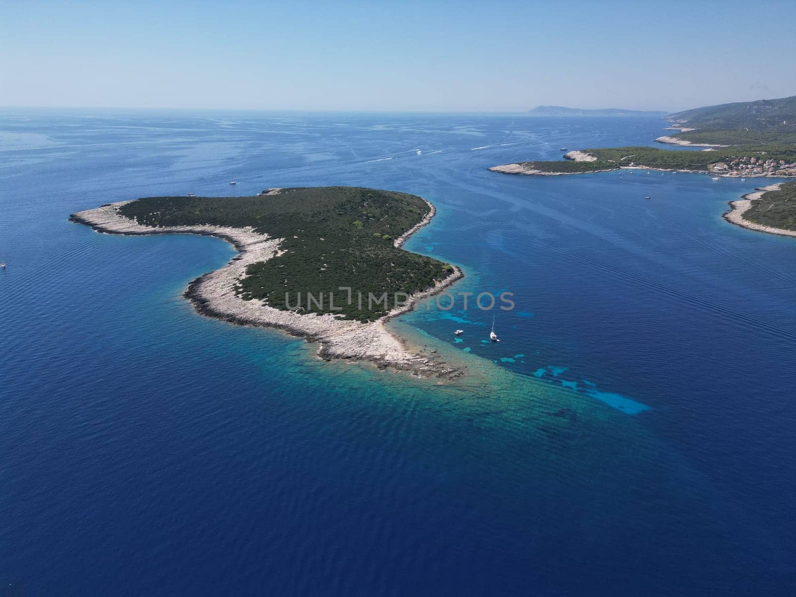 Vis Island, in Italian Lissa, island of Croatia in the Adriatic Sea. It is the outermost major island of the Dalmatian archipelago panoramic aerial view landscape