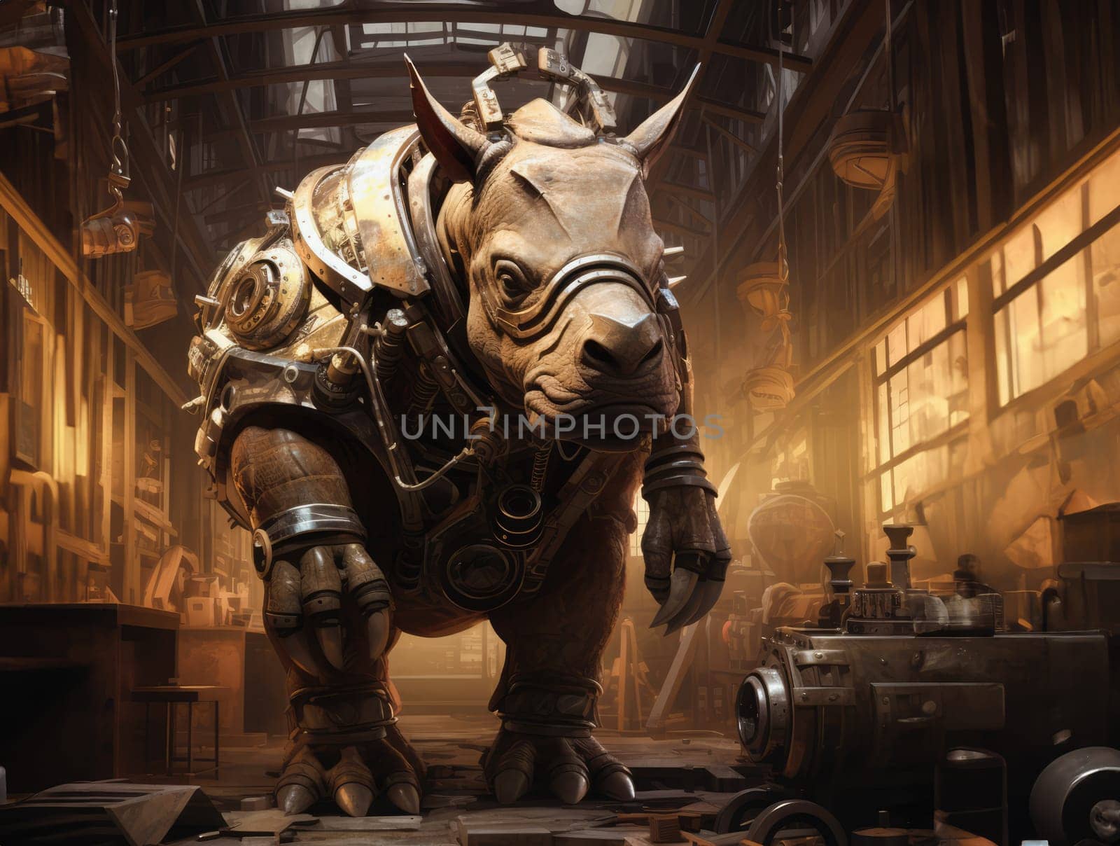 Rhino standing inside a room with industrial equipment, in the style of intricate steampunk