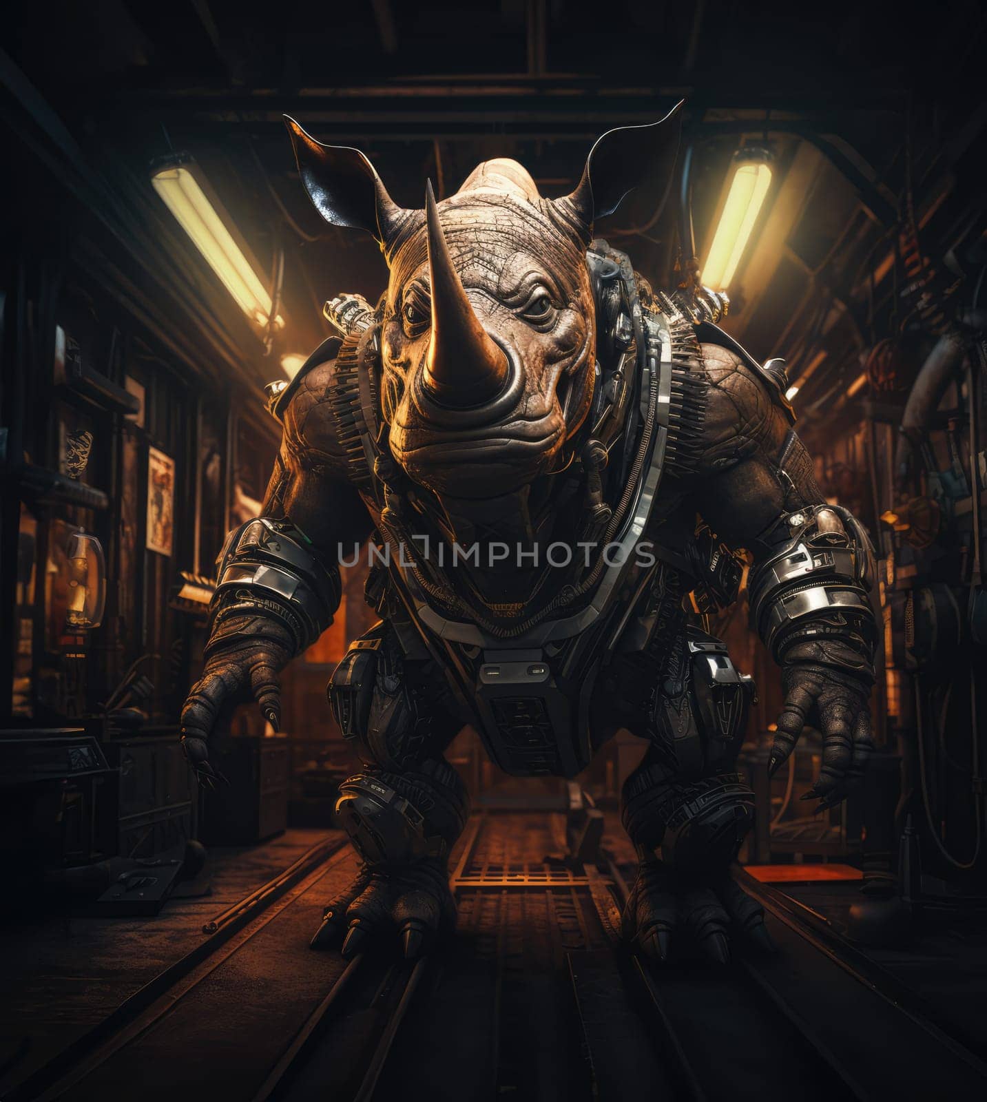 Rhino standing inside a room with industrial equipment, in the style of intricate steampunk