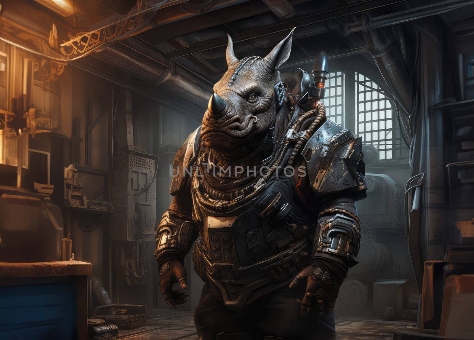 Steampunk rhino standing inside a room with industrial equipment by palinchak