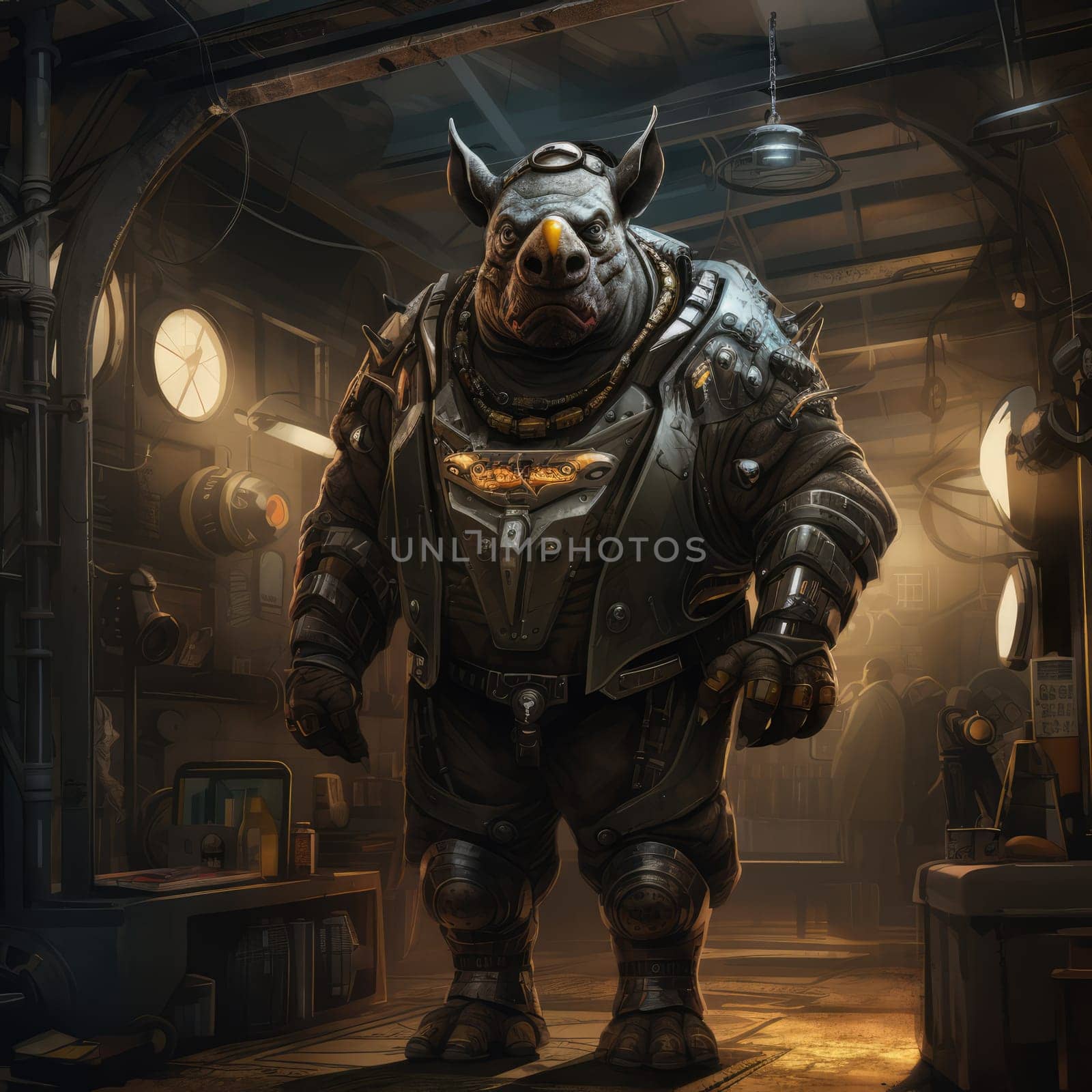 Rhino standing inside a room with industrial equipment, in the style of intricate steampunk