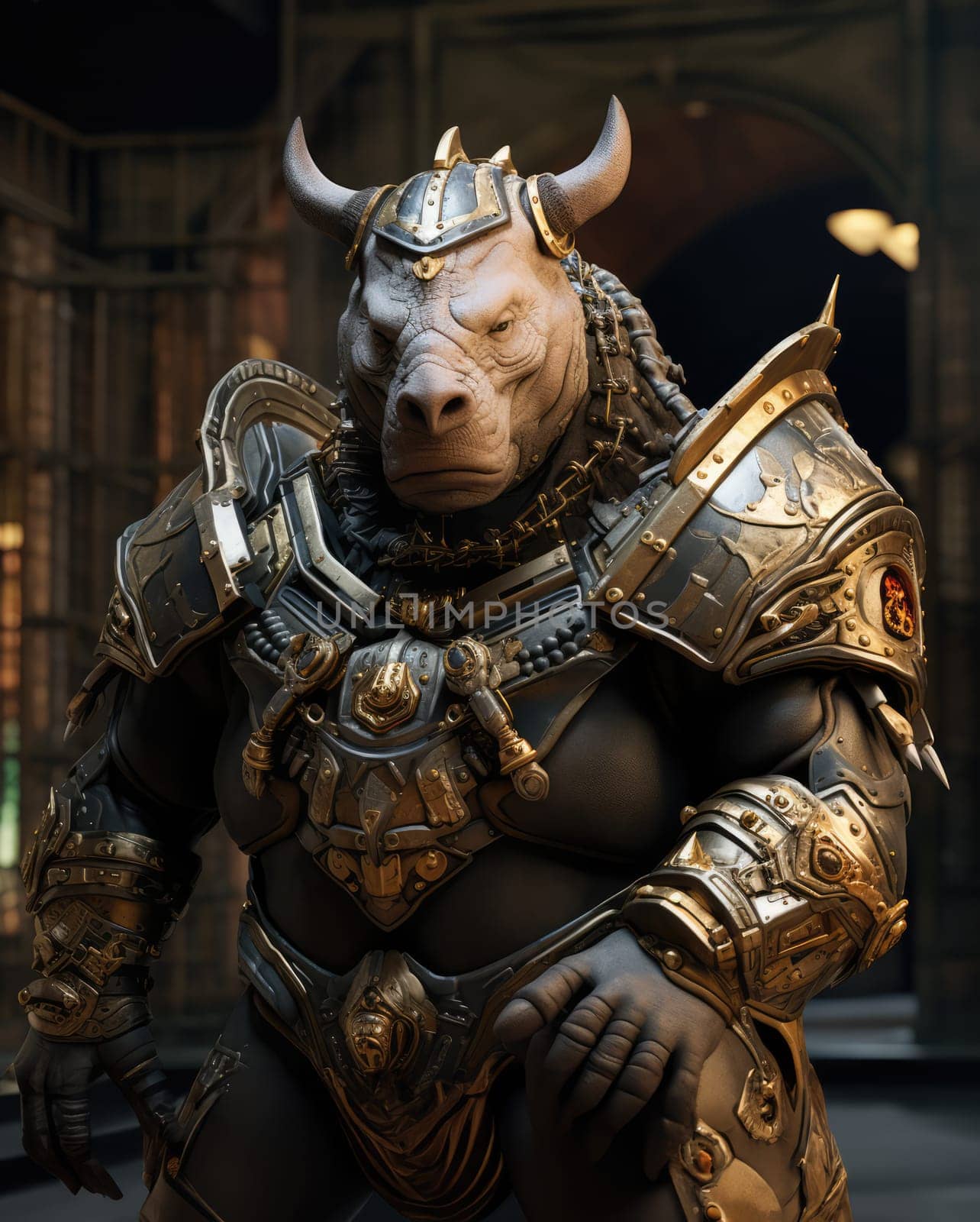 Male rhino wearing armor in the style of intricate steampunk