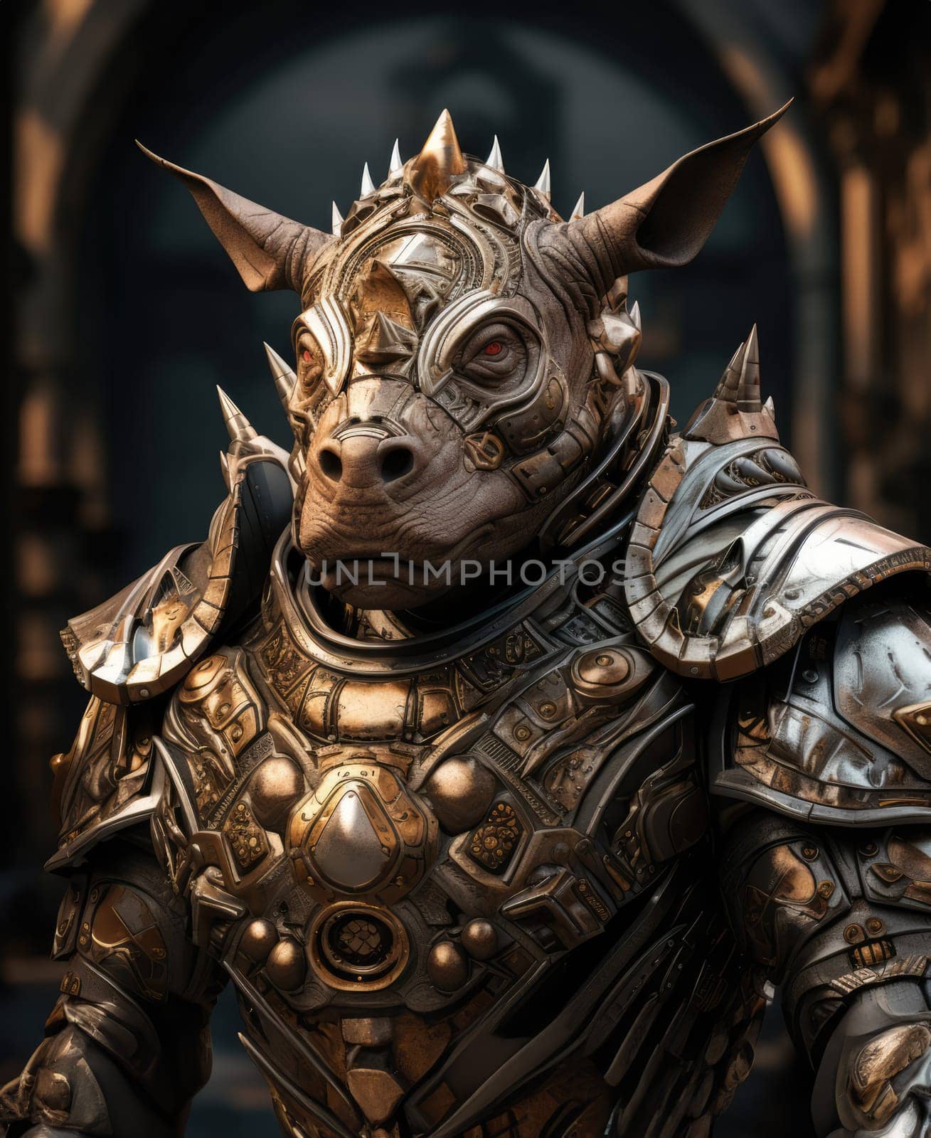 Male rhino wearing armor in the style of intricate steampunk