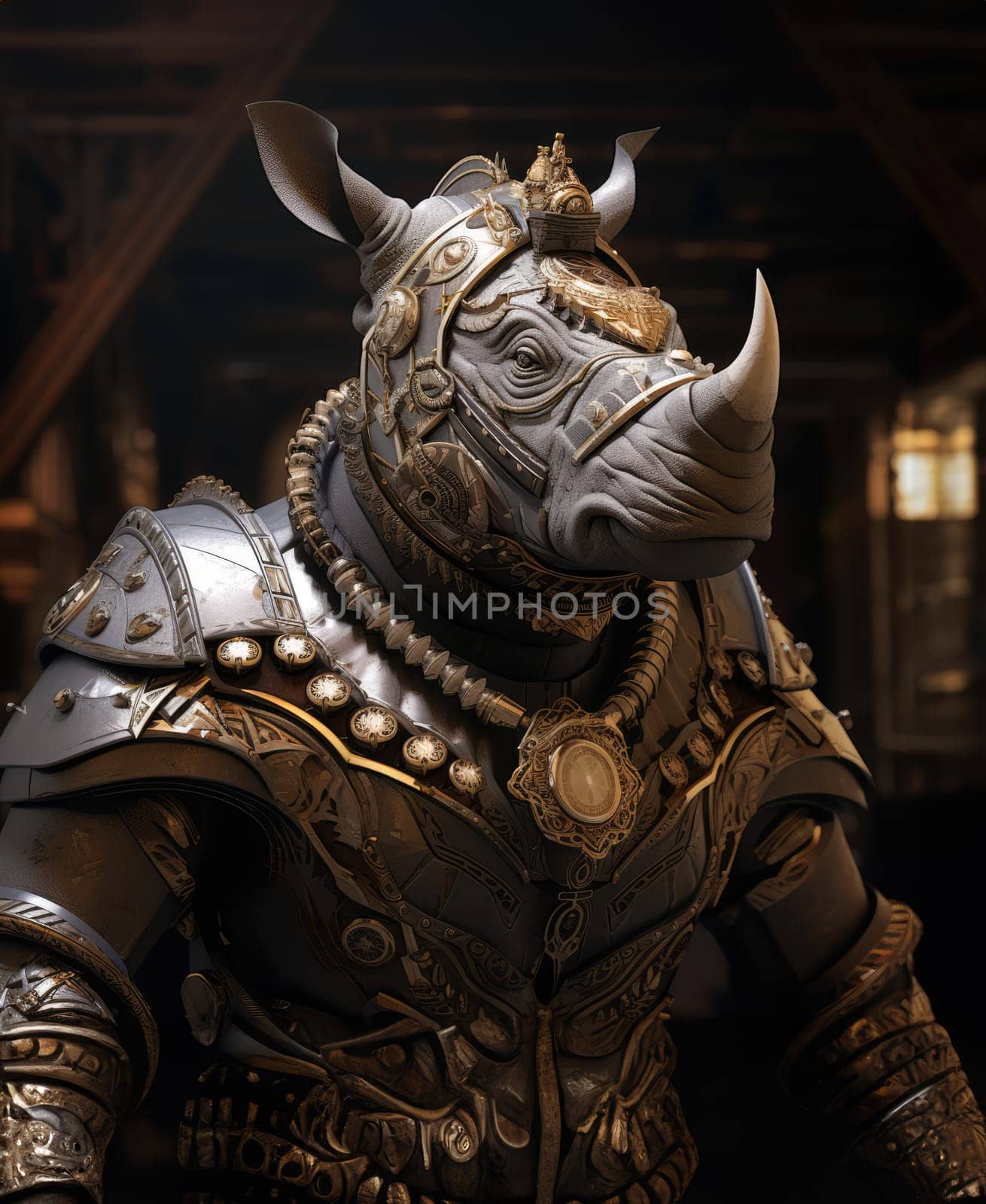 Male rhino wearing armor in the style of intricate steampunk