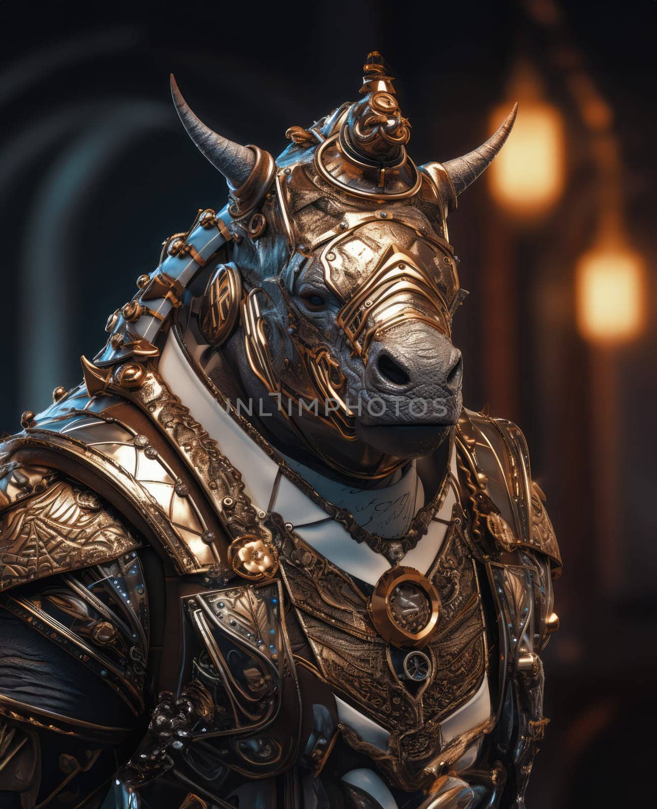 Male rhino wearing armor in the style of intricate steampunk